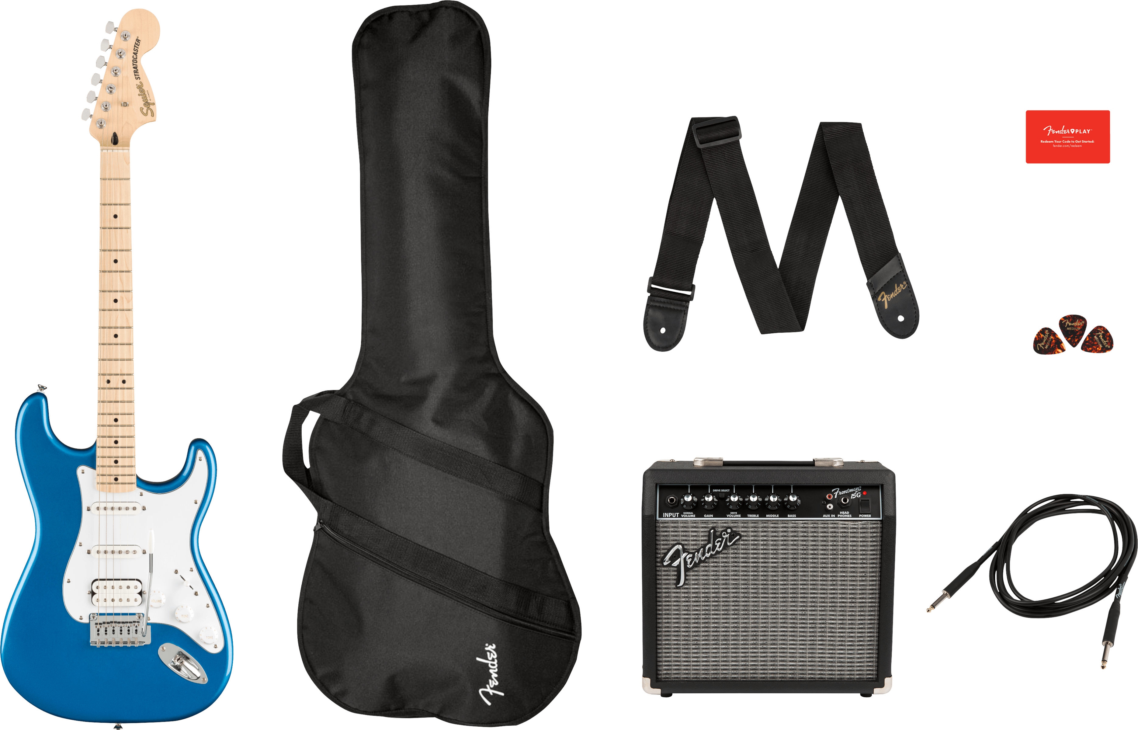 Blue electric guitar with maple neck, black gig bag, black strap, small Fender amplifier, instrument cable, three picks, and a red Fender card.