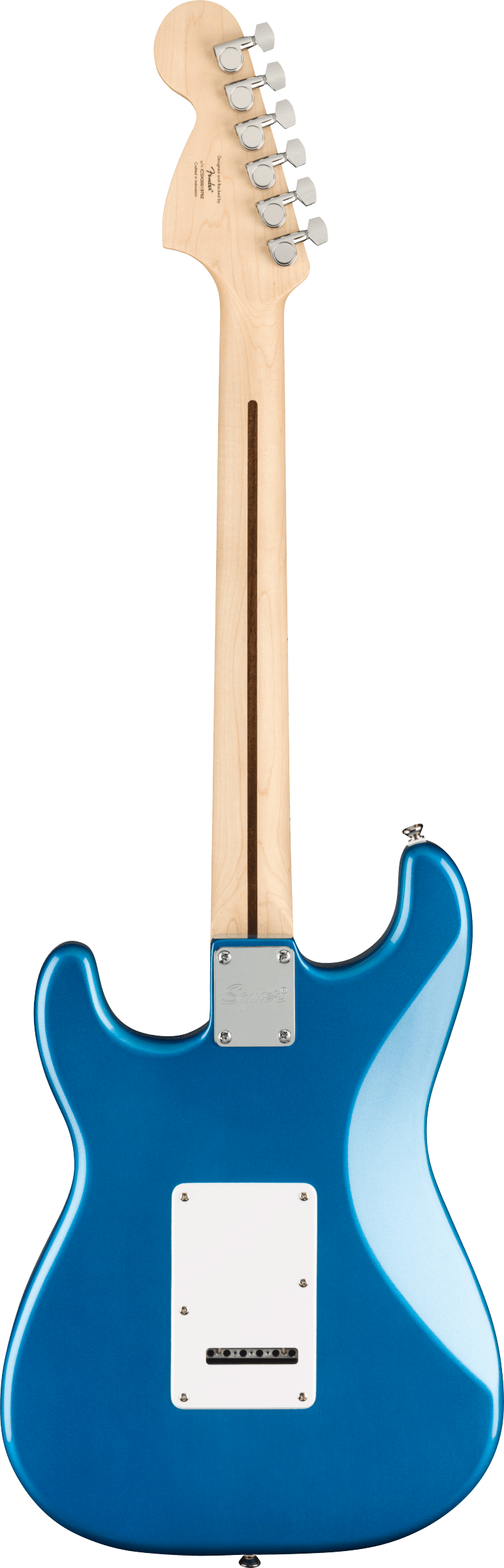 Electric guitar shown from the back, with a natural wood neck and a shiny metallic blue body featuring a white rectangular plate.