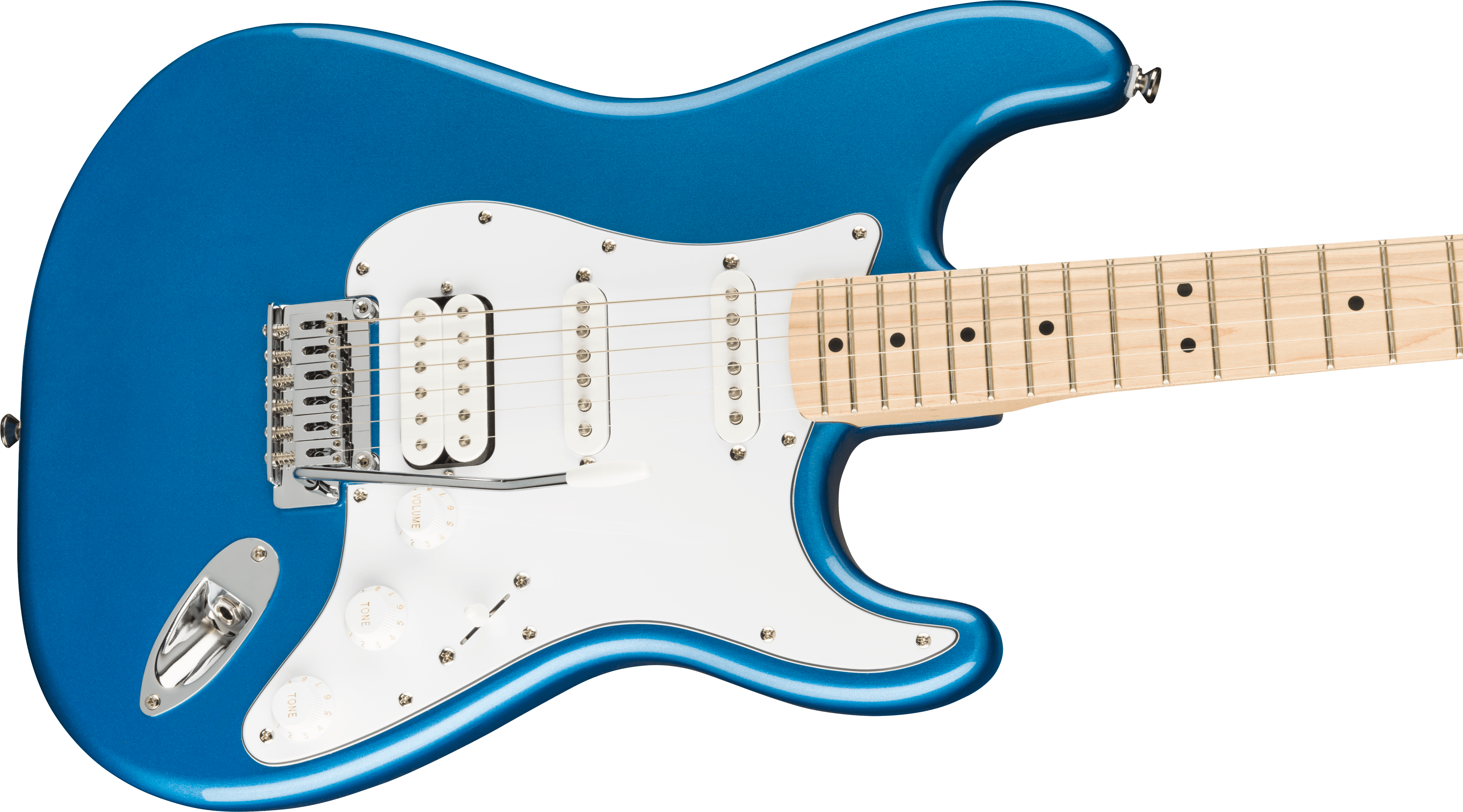 Blue electric guitar with a white pickguard, three pickups, whammy bar, chrome input jack, and a light wood fretboard with black dot inlays.