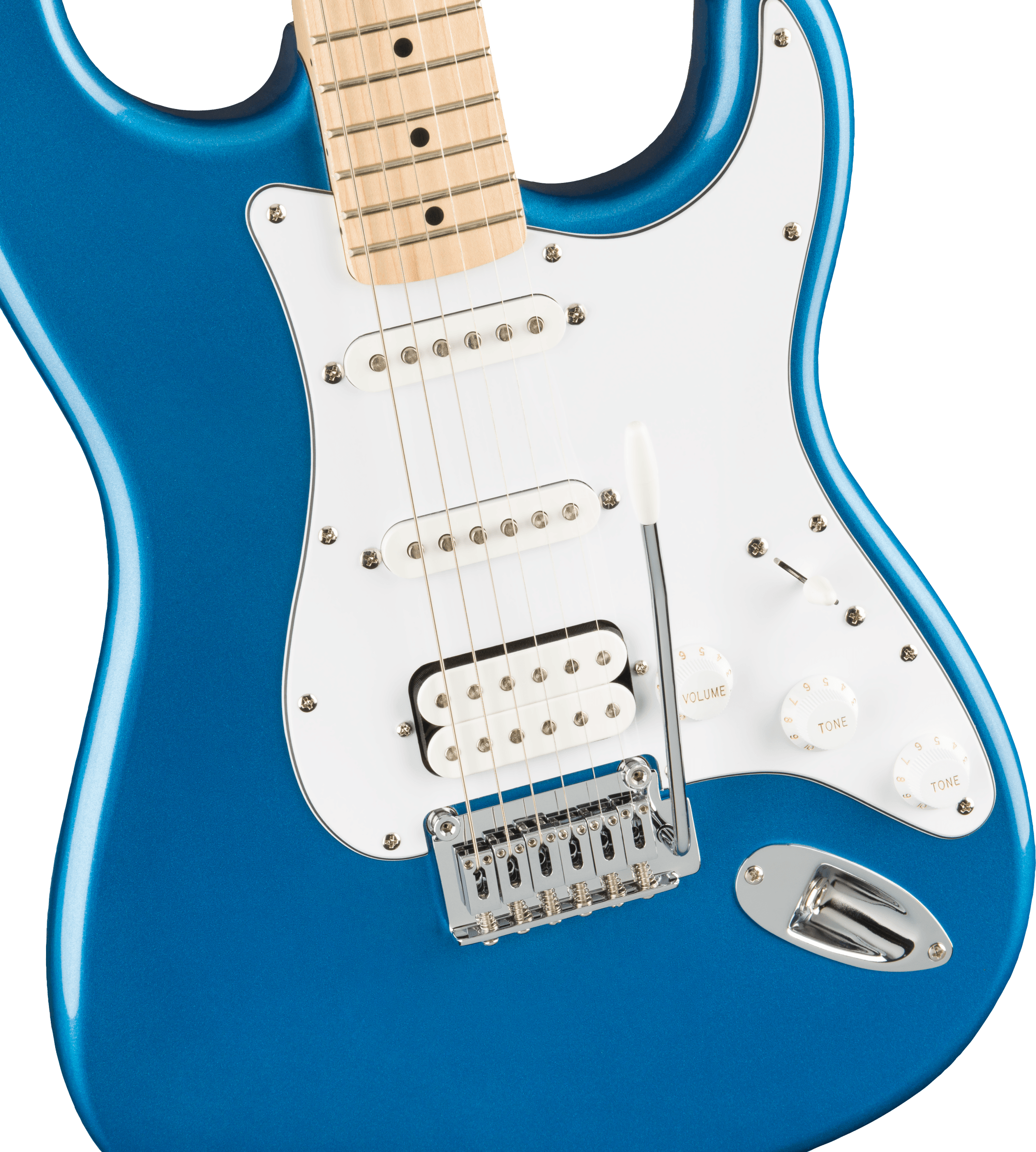 Metallic blue electric guitar with white pickguard, three pickups, silver bridge, and control knobs for volume and tone.