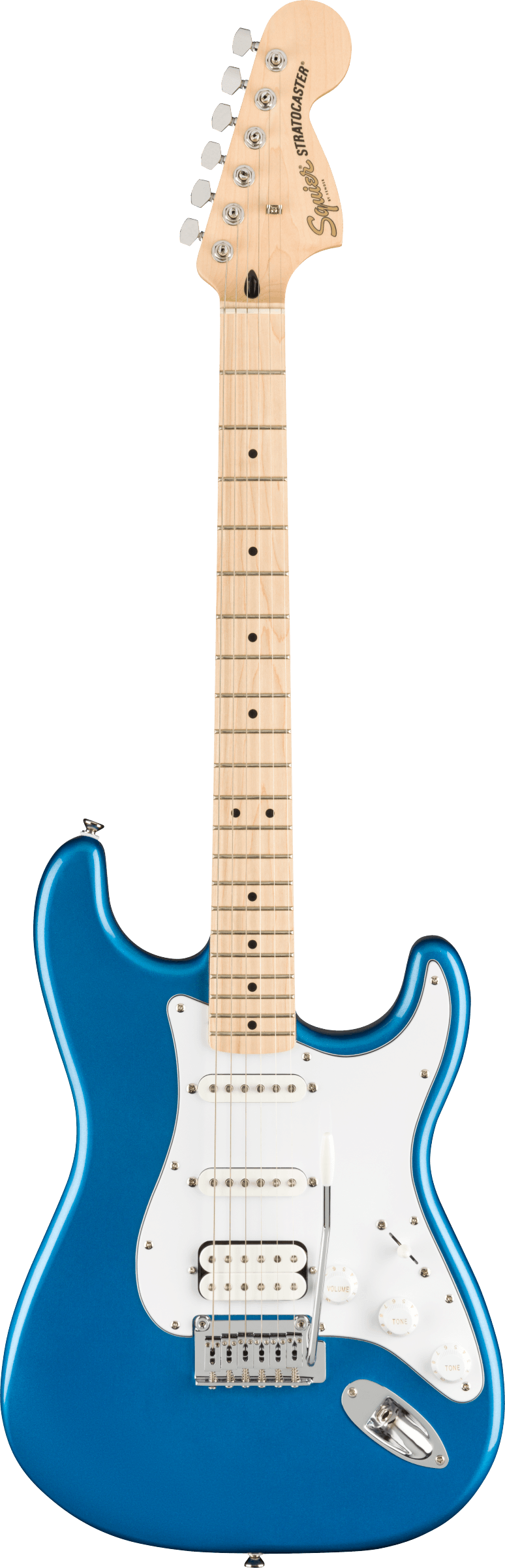 Blue Squier Stratocaster electric guitar with a white pickguard, three pickups, six tuning pegs, and a maple neck and fretboard.