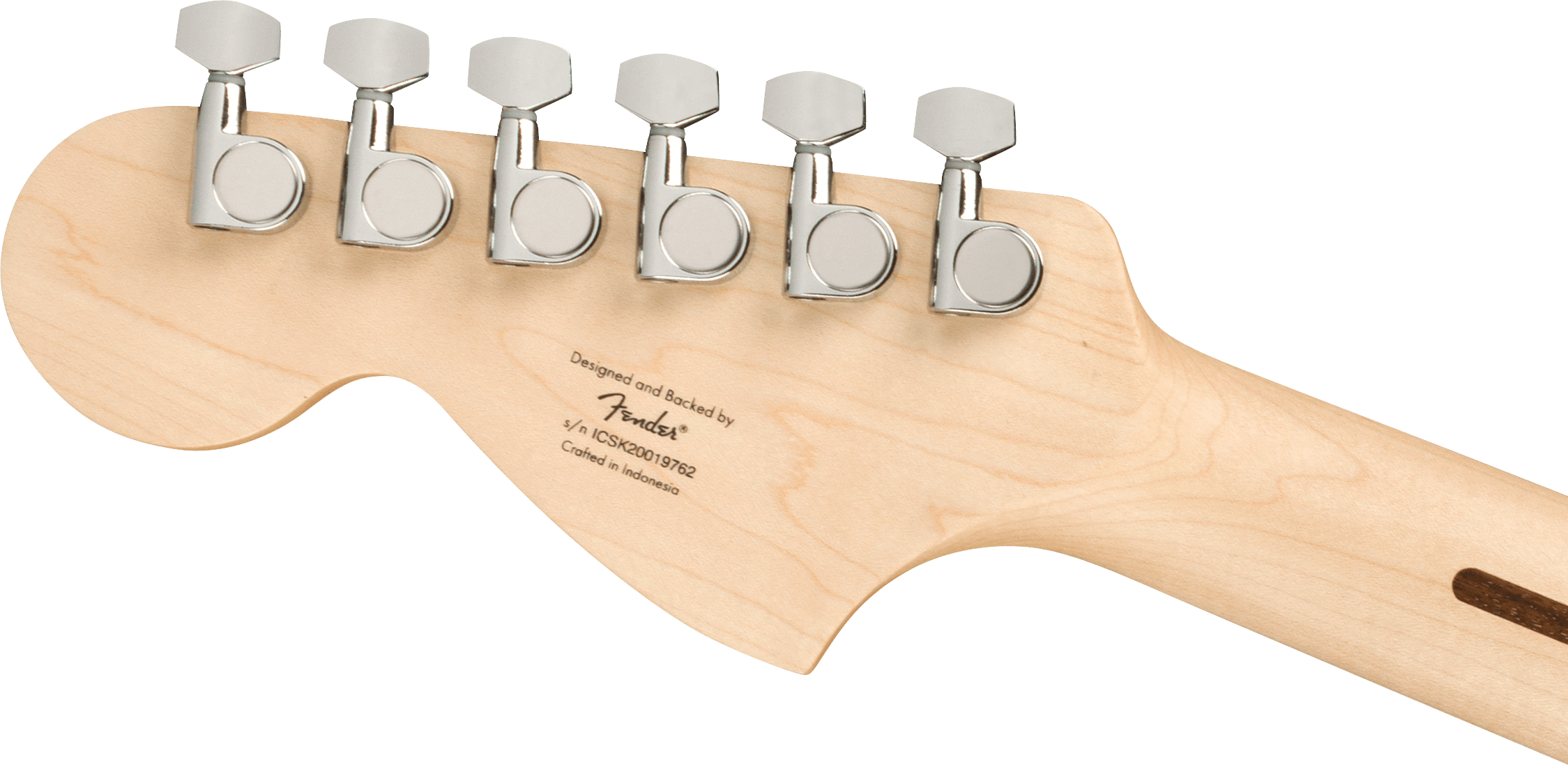 Back of a Fender electric guitar headstock in light wood, showing five chrome tuning pegs and a serial number with “Crafted in Indonesia” text.