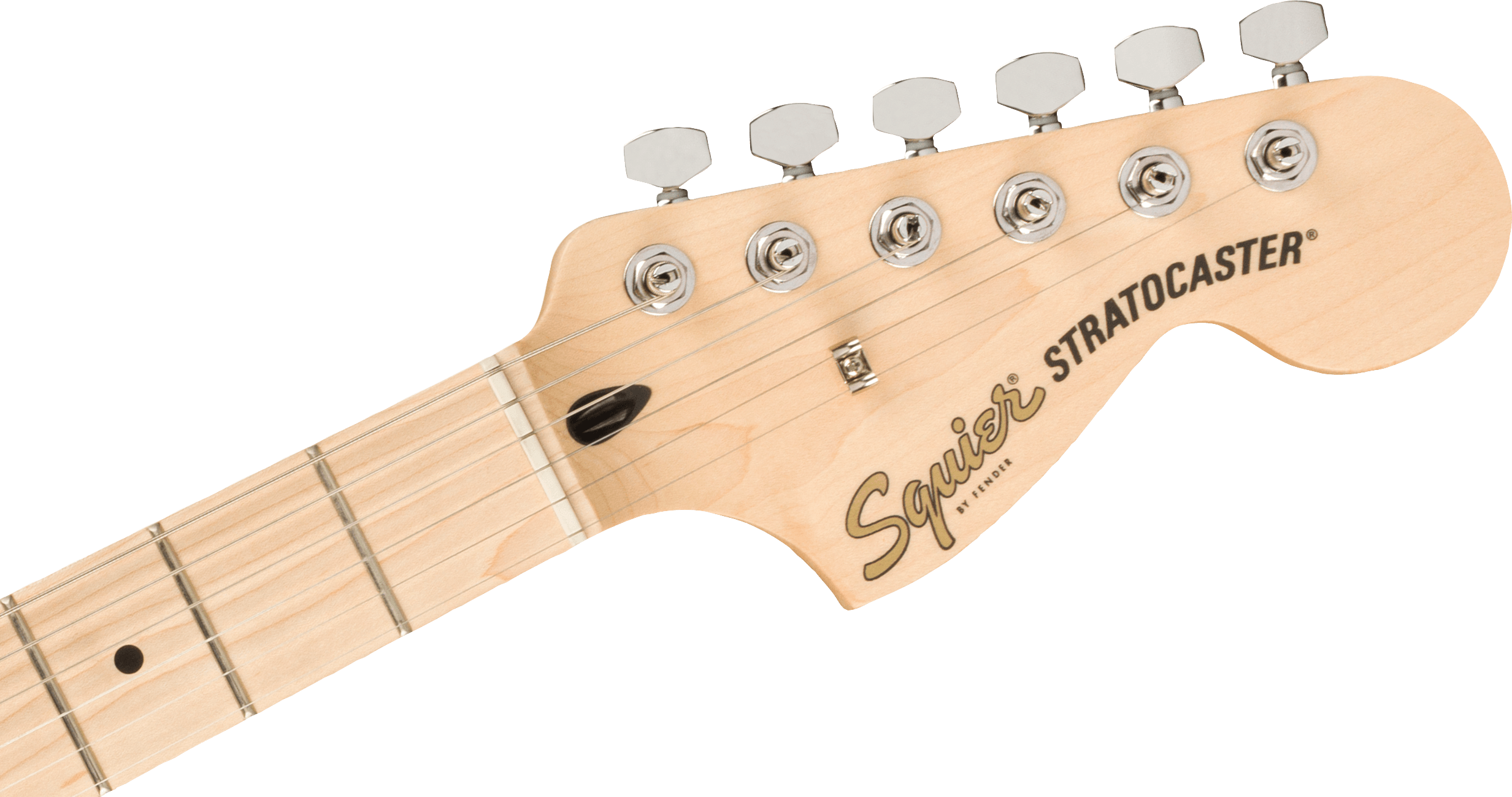 Light wood Squier Stratocaster electric guitar headstock with six chrome tuning pegs and "Squier by Fender" logo in black and gold.