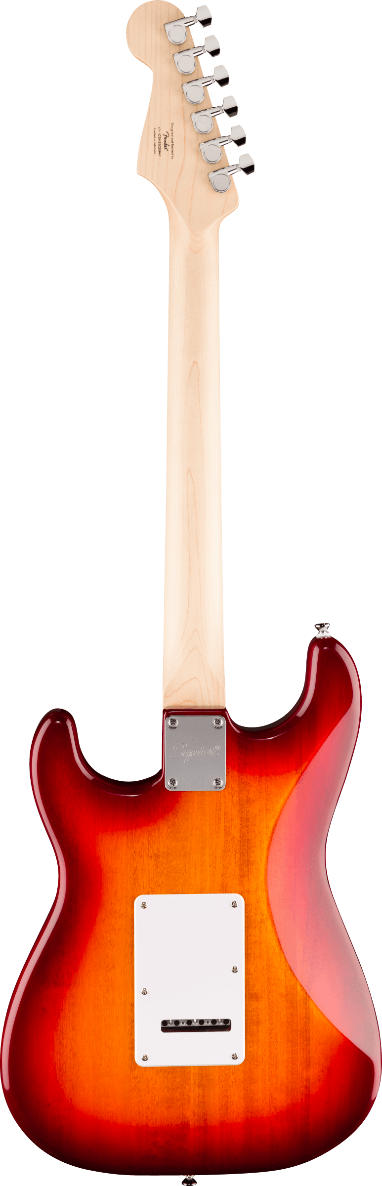 Sunburst electric guitar viewed from the back, featuring a maple neck, six tuning pegs, and a white rectangular cover plate on the body.