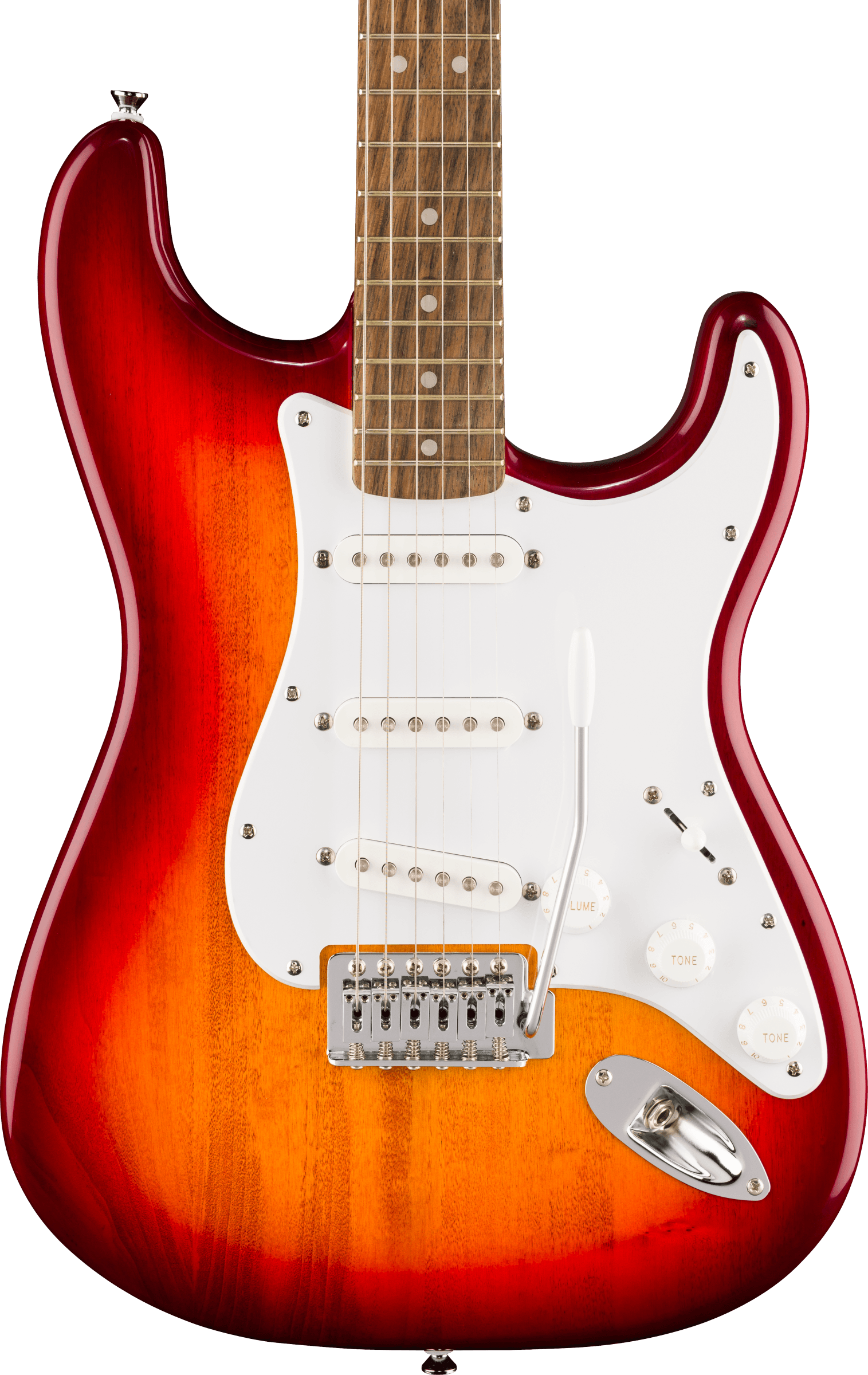 Guitare électrique rouge et orange à corps brillant, trois micros blancs, plaque blanche, six cordes, boutons de réglage et vibrato métallique.