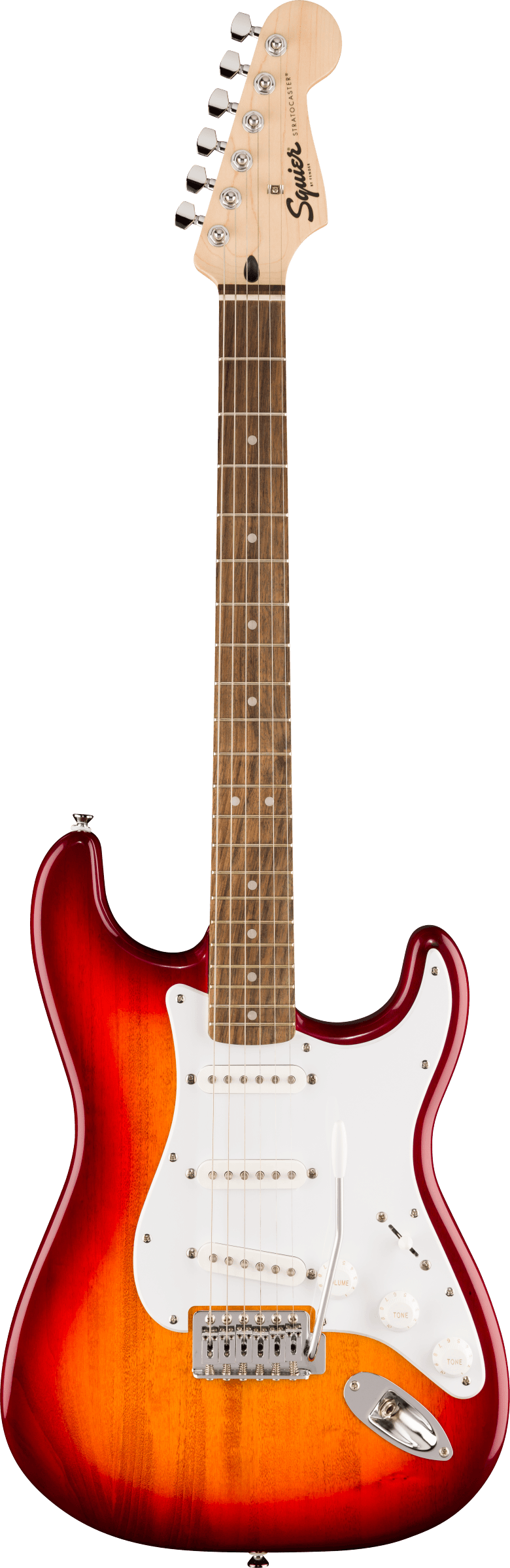 Squier Stratocaster electric guitar, sunburst finish, white pickguard, three single-coil pickups, rosewood fretboard, six tuning pegs.