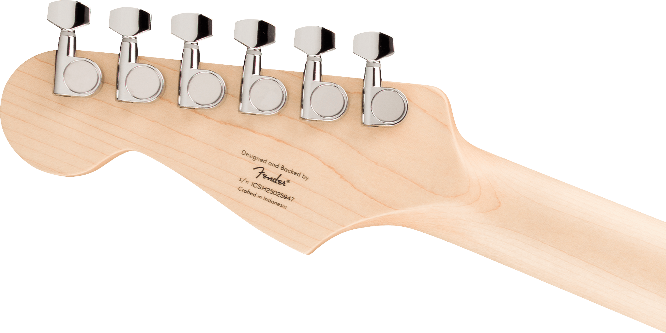 Tête de guitare électrique Fender en érable clair, six mécaniques chromées alignées, inscription et numéro de série visibles à l’arrière.