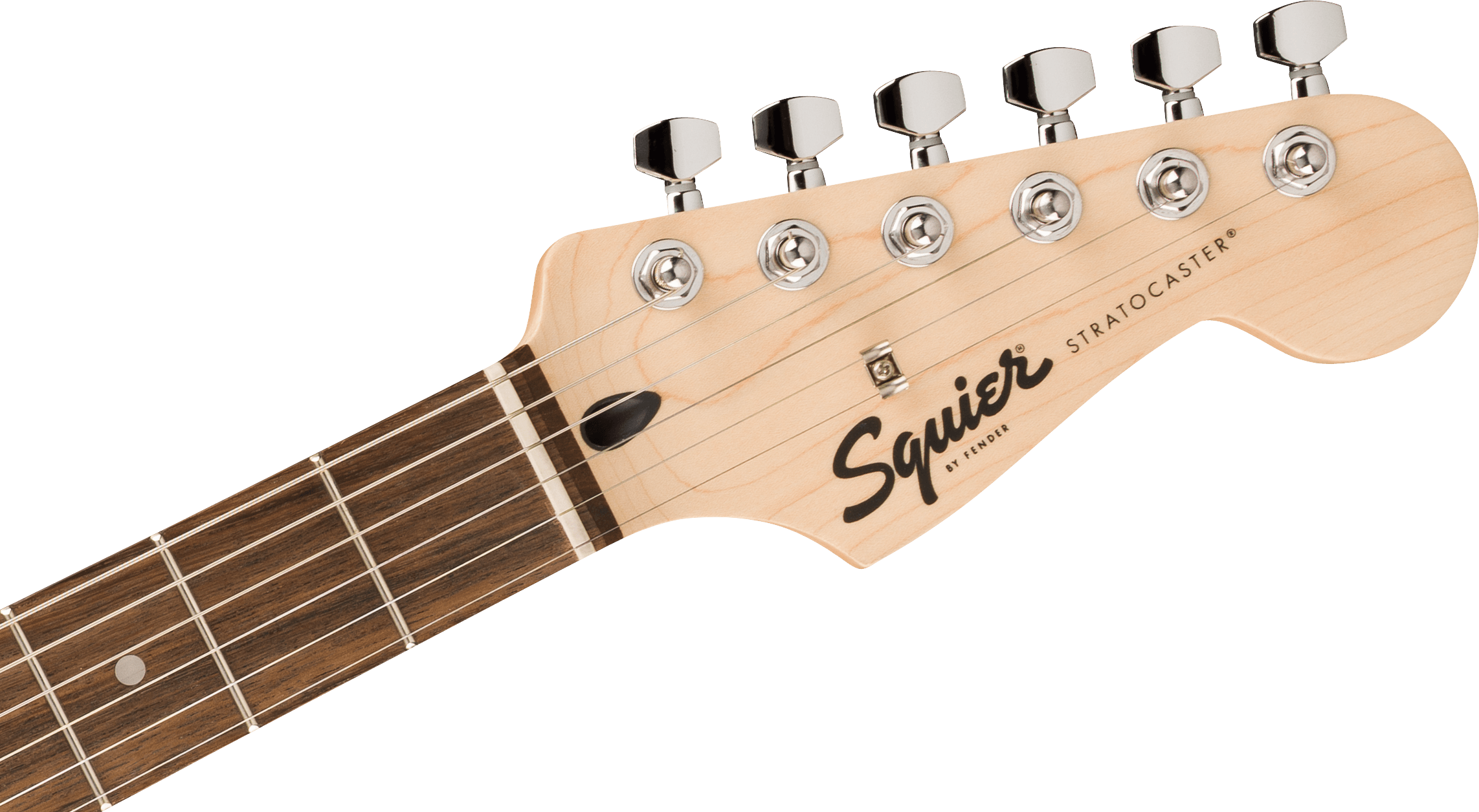 Light wood Squier Stratocaster electric guitar headstock with six metal tuning pegs and part of a dark wood fretboard visible.