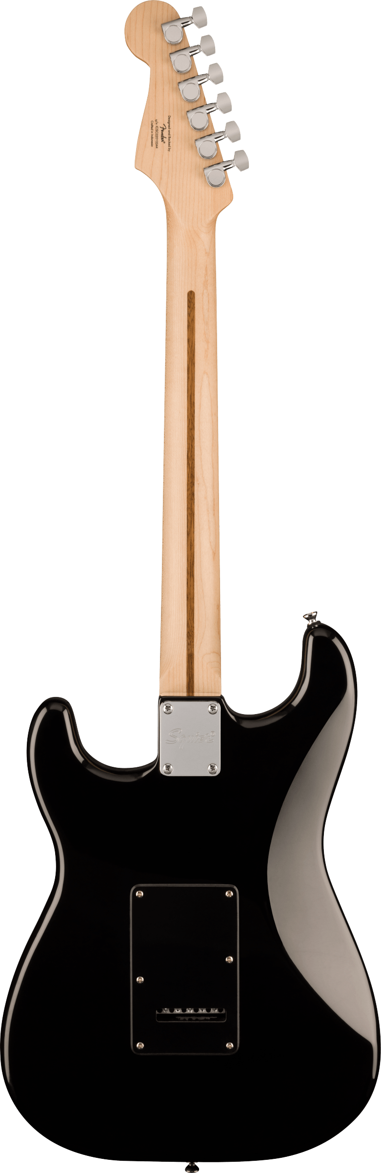 Black electric guitar shown from the back, light wood neck with six tuning pegs, rectangular neck plate, and a black rectangular cover on the body.