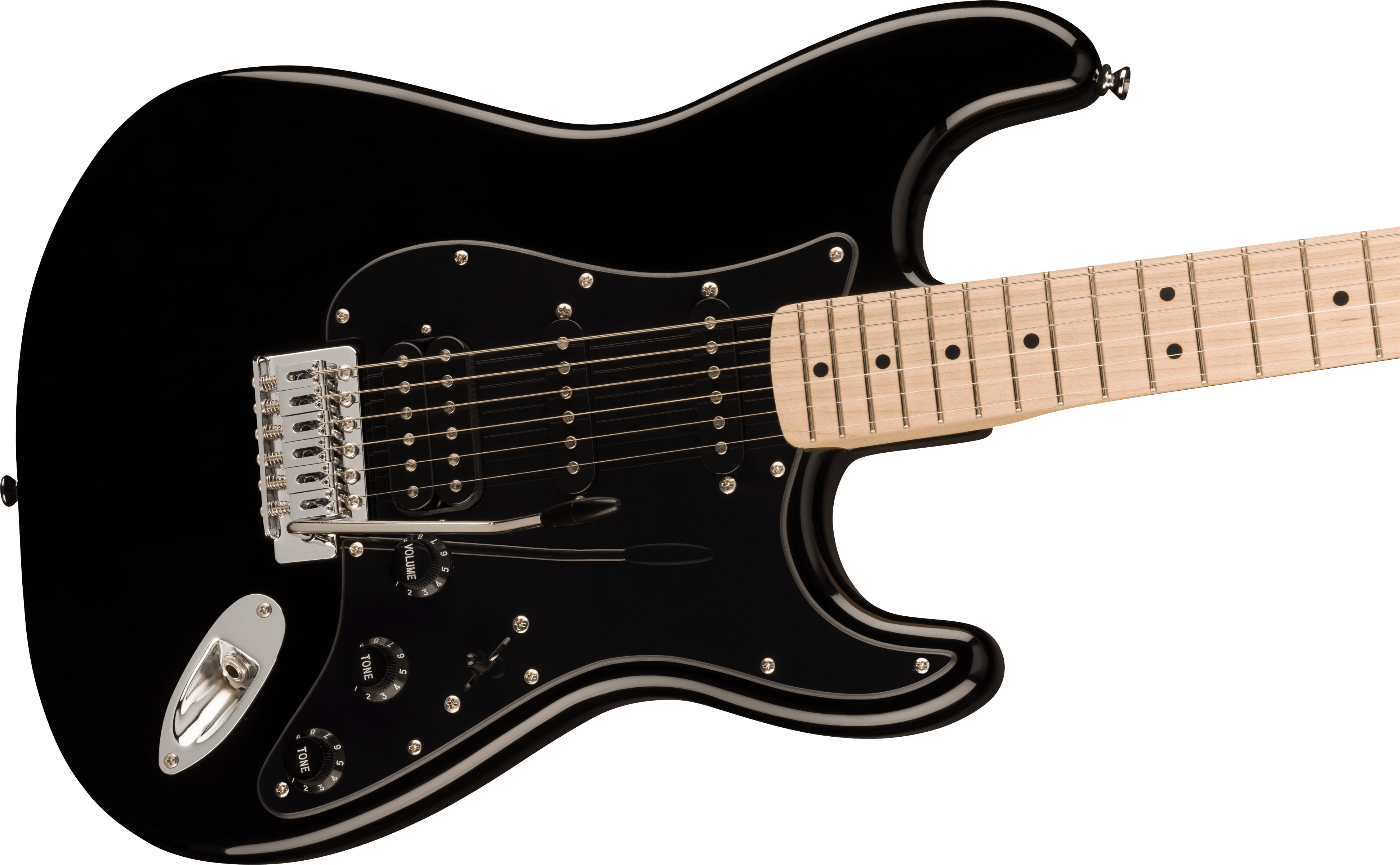 Black electric guitar with a light wood neck, three pickups, five-way switch, three control knobs, and chrome bridge with a tremolo arm.