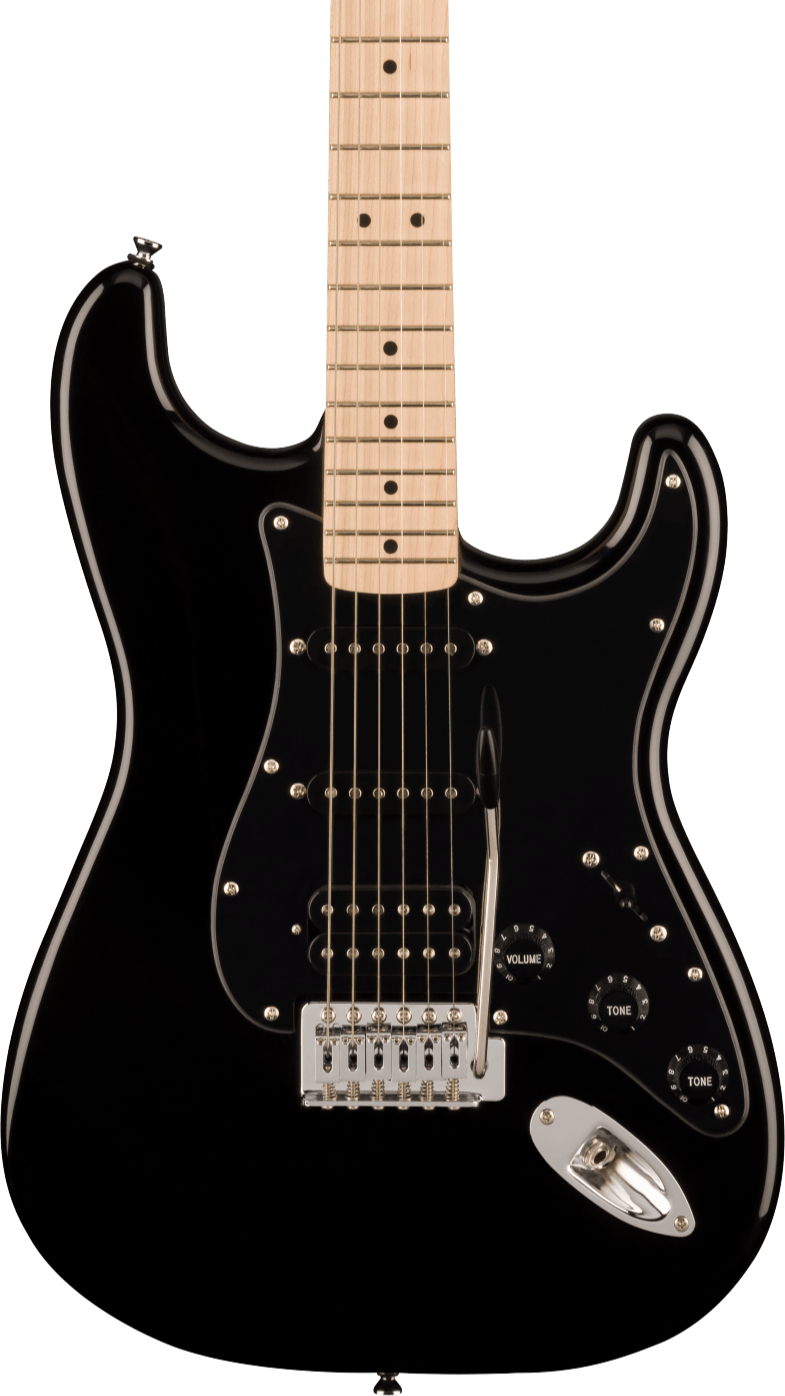 Black electric guitar with a light wood neck, three pickups, a whammy bar, and three black control knobs for volume and tone.