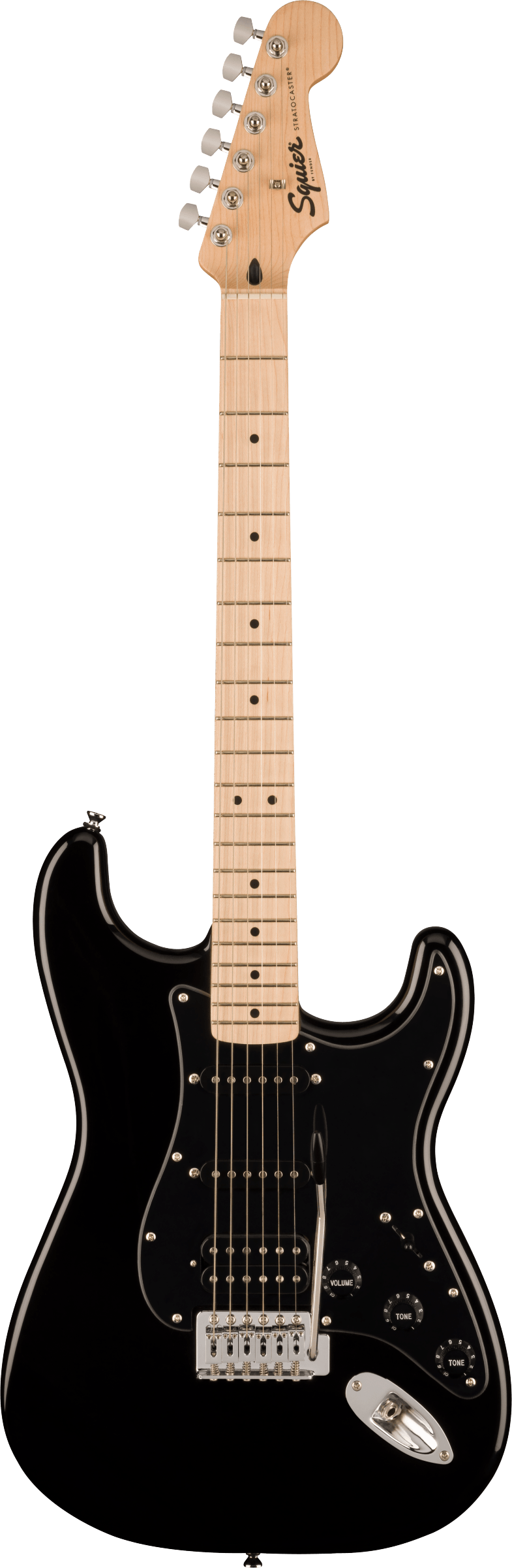 Black electric guitar with a maple neck and fretboard, three pickups, two tone knobs, one volume knob, and a chrome tremolo bridge.
