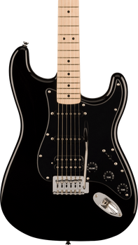 Black electric guitar with a light wood neck, three pickups, a whammy bar, and three black control knobs for volume and tone.