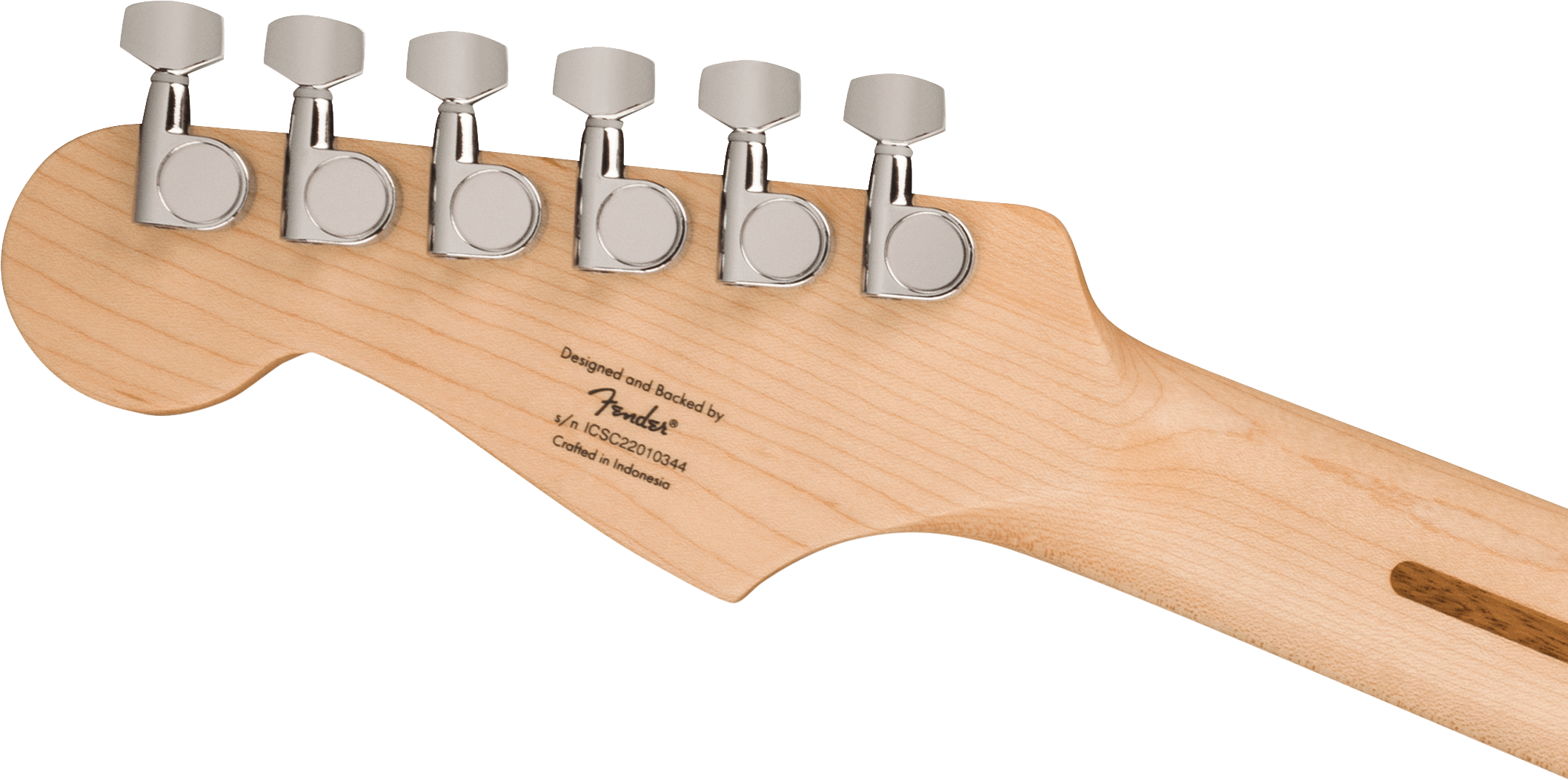Six chrome tuning pegs line the back of a light wood Fender electric guitar headstock, with serial number and "Crafted in Indonesia" text visible.