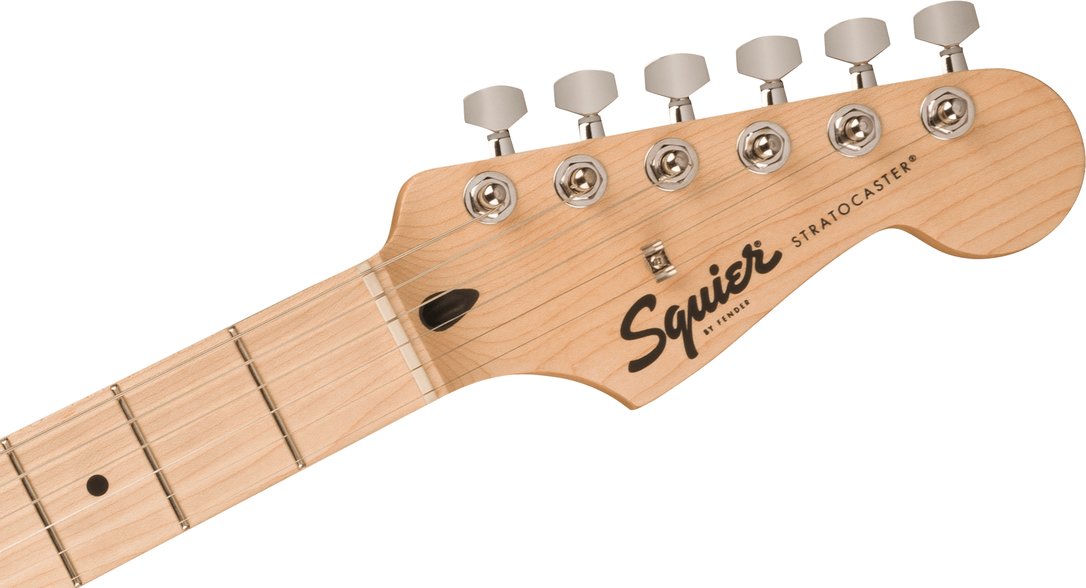 Natural wood headstock of a Squier Stratocaster electric guitar with six tuning pegs and logo in black lettering.