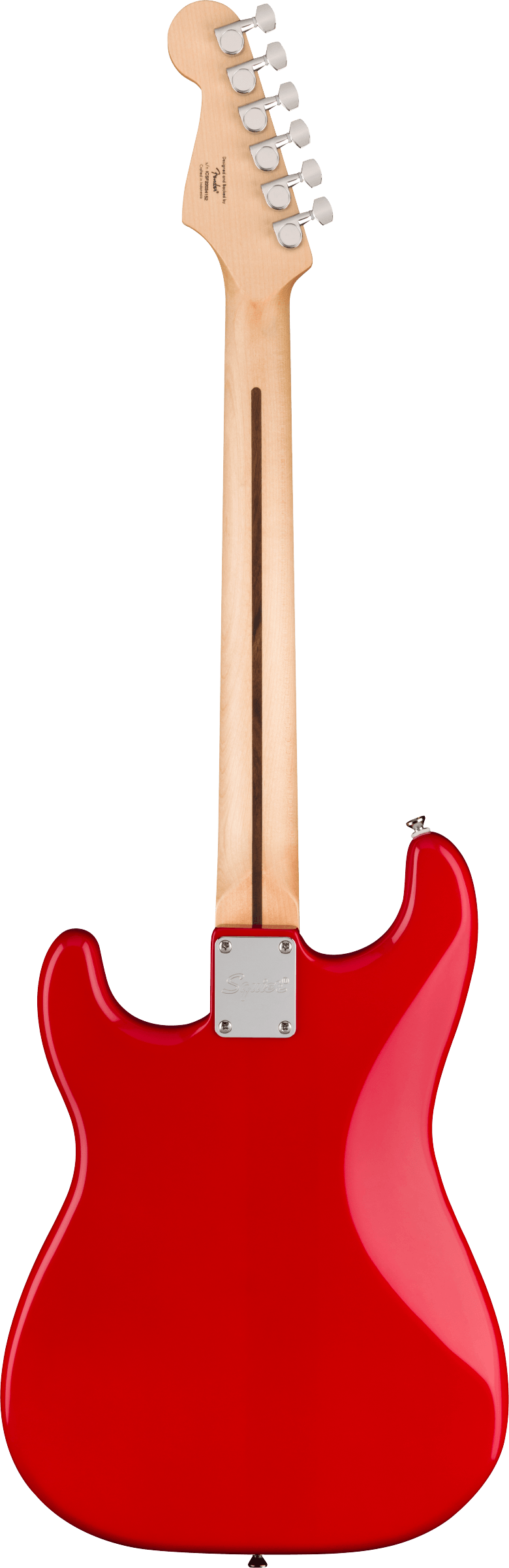 Glossy red electric guitar viewed from the back, maple neck with a dark stripe down the center, and six chrome tuners on the headstock.