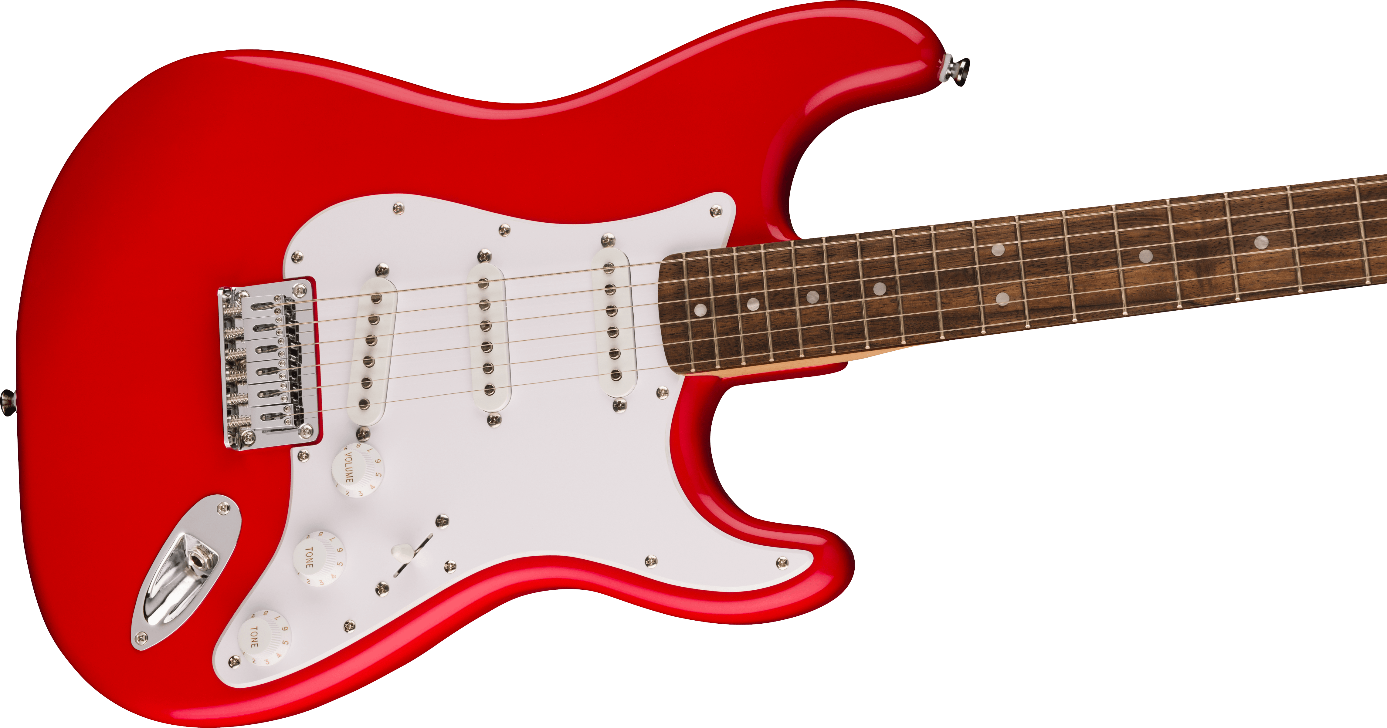 Red electric guitar with white pickguard, three single-coil pickups, and a brown fretboard with dot inlays.