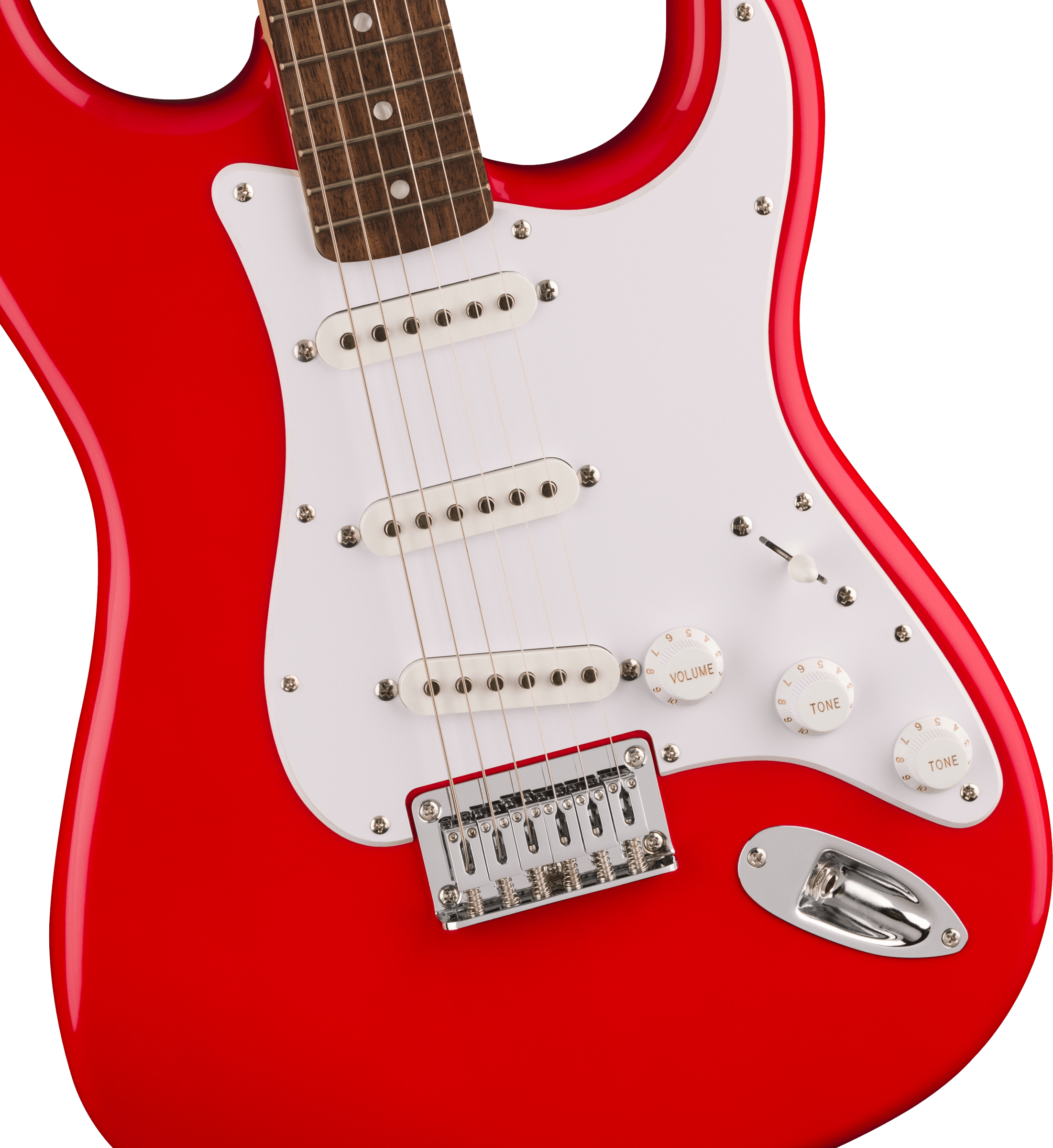 Red electric guitar body with white pickguard, three single-coil pickups, three control knobs labeled volume and tone, and a metal bridge.