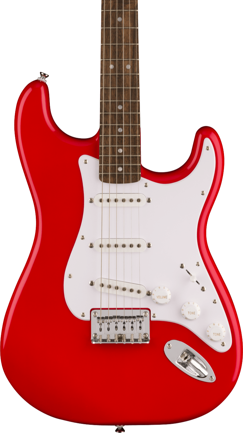 Bright red electric guitar with a white pickguard, three single-coil pickups, and white control knobs for volume and tone.
