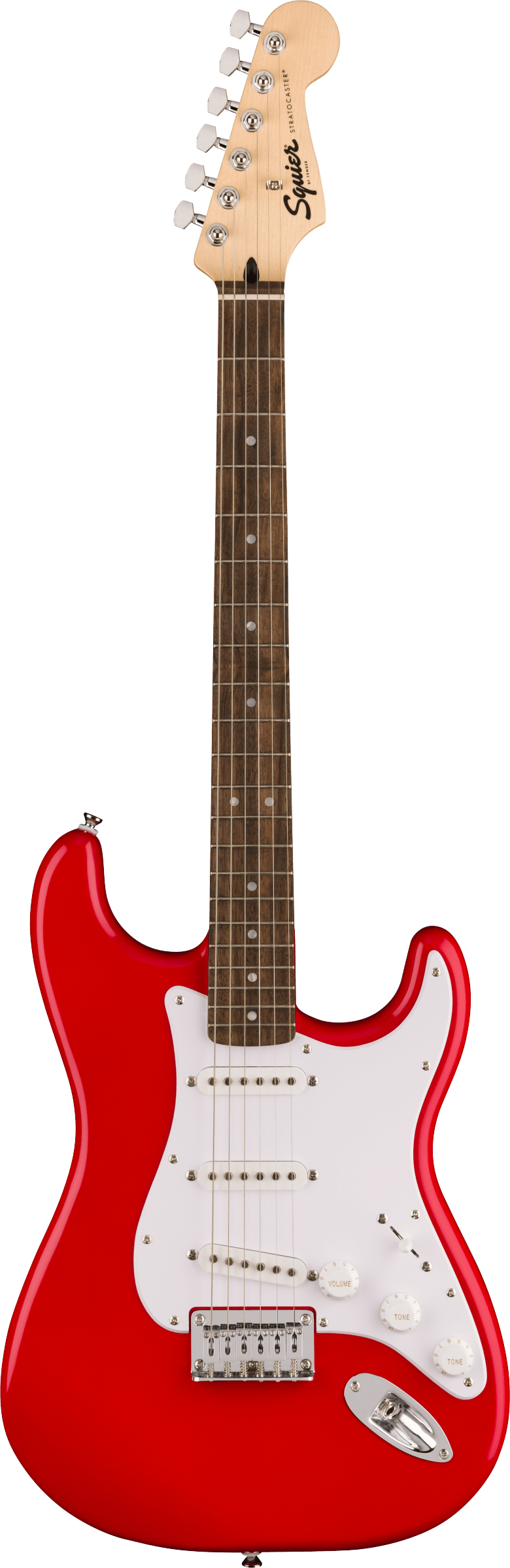 Squier red electric guitar with a white pickguard, three single-coil pickups, six tuning pegs, and a maple neck with dot inlays.
