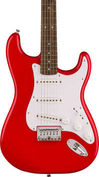 Bright red electric guitar with a white pickguard, three single-coil pickups, and white control knobs for volume and tone.