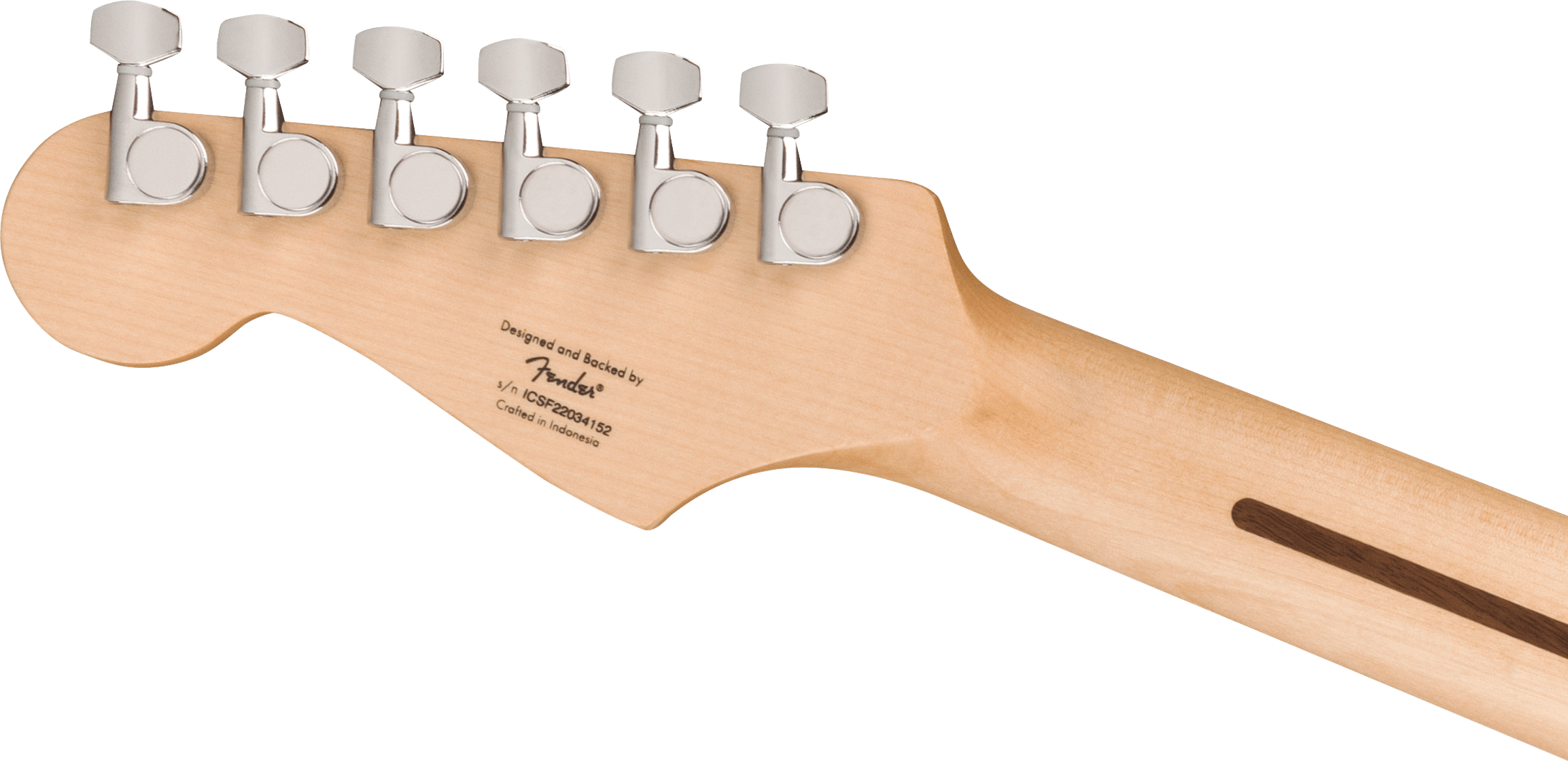 Six chrome tuning pegs line the back of a light wood Fender electric guitar headstock, with serial number and crafted in Indonesia printed below.