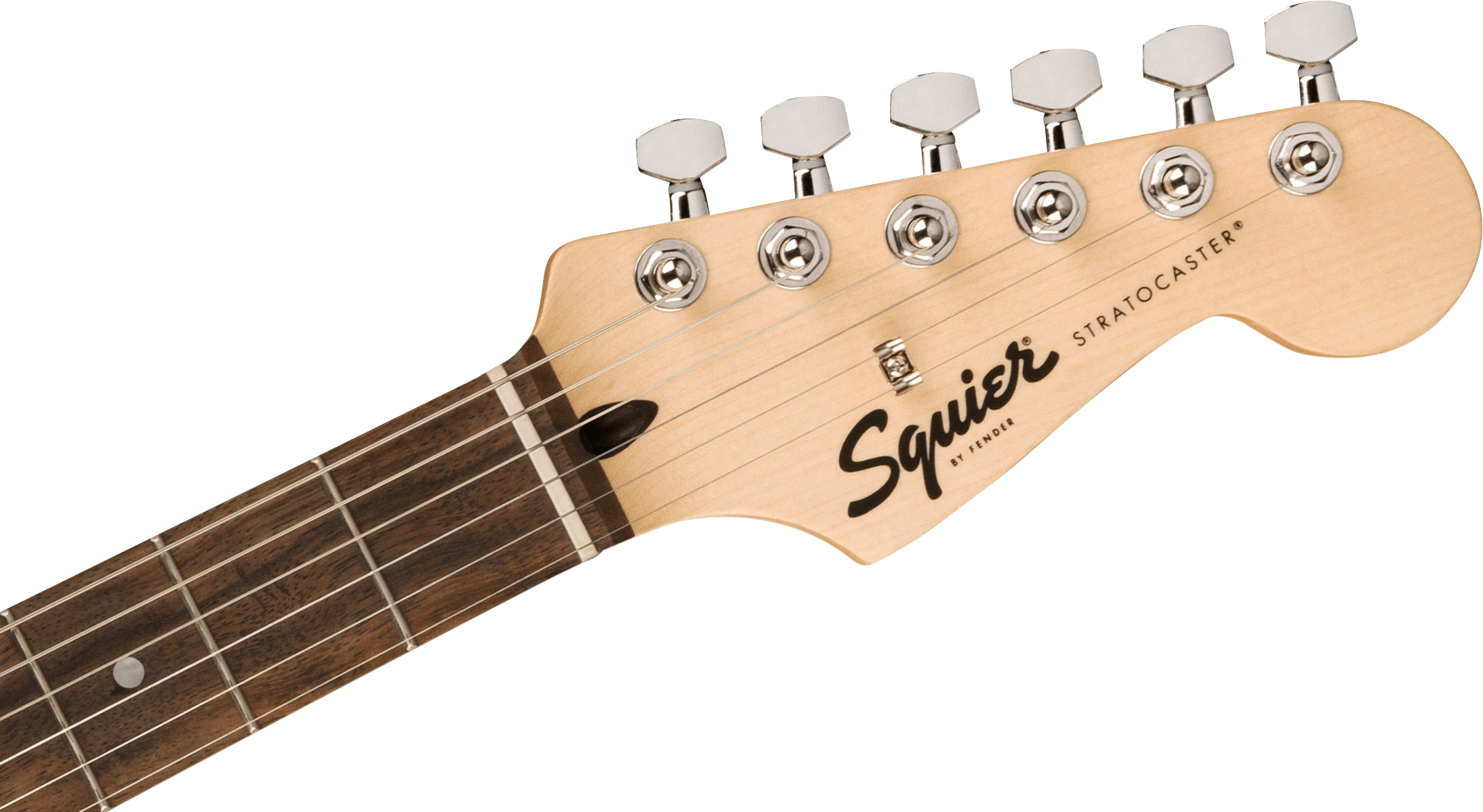 Light wood Squier Stratocaster electric guitar headstock with six silver tuning pegs and part of a dark wood fretboard visible.