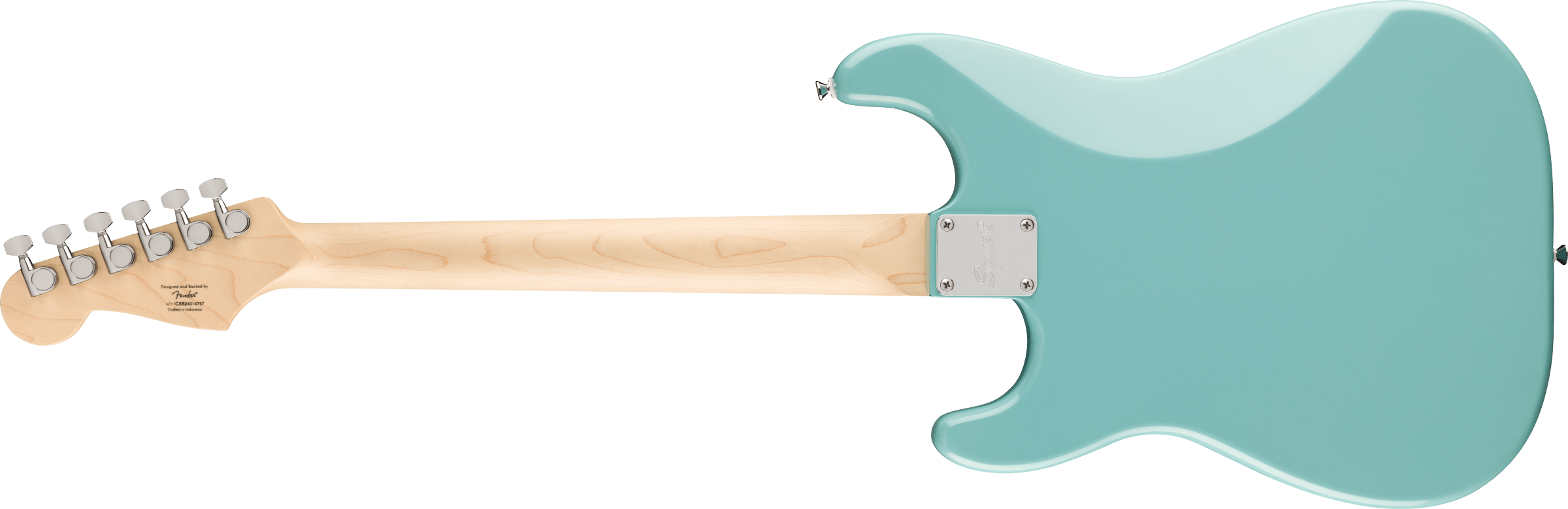 A light blue electric guitar shown from the back, with a natural wood neck and six chrome tuning pegs.
