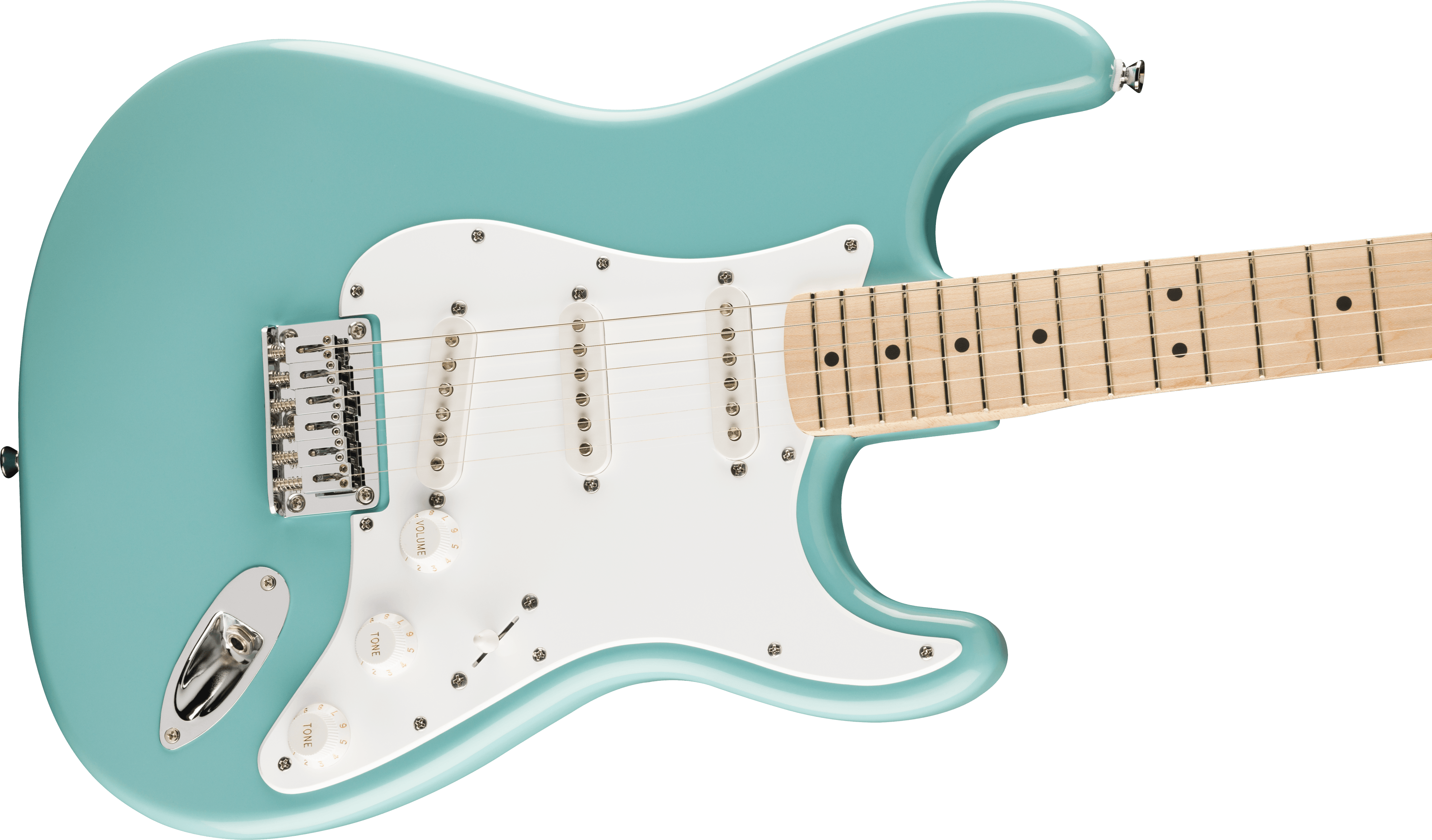 Solid-body electric guitar in light blue with a white pickguard, three single-coil pickups, and a maple neck with dot inlays.