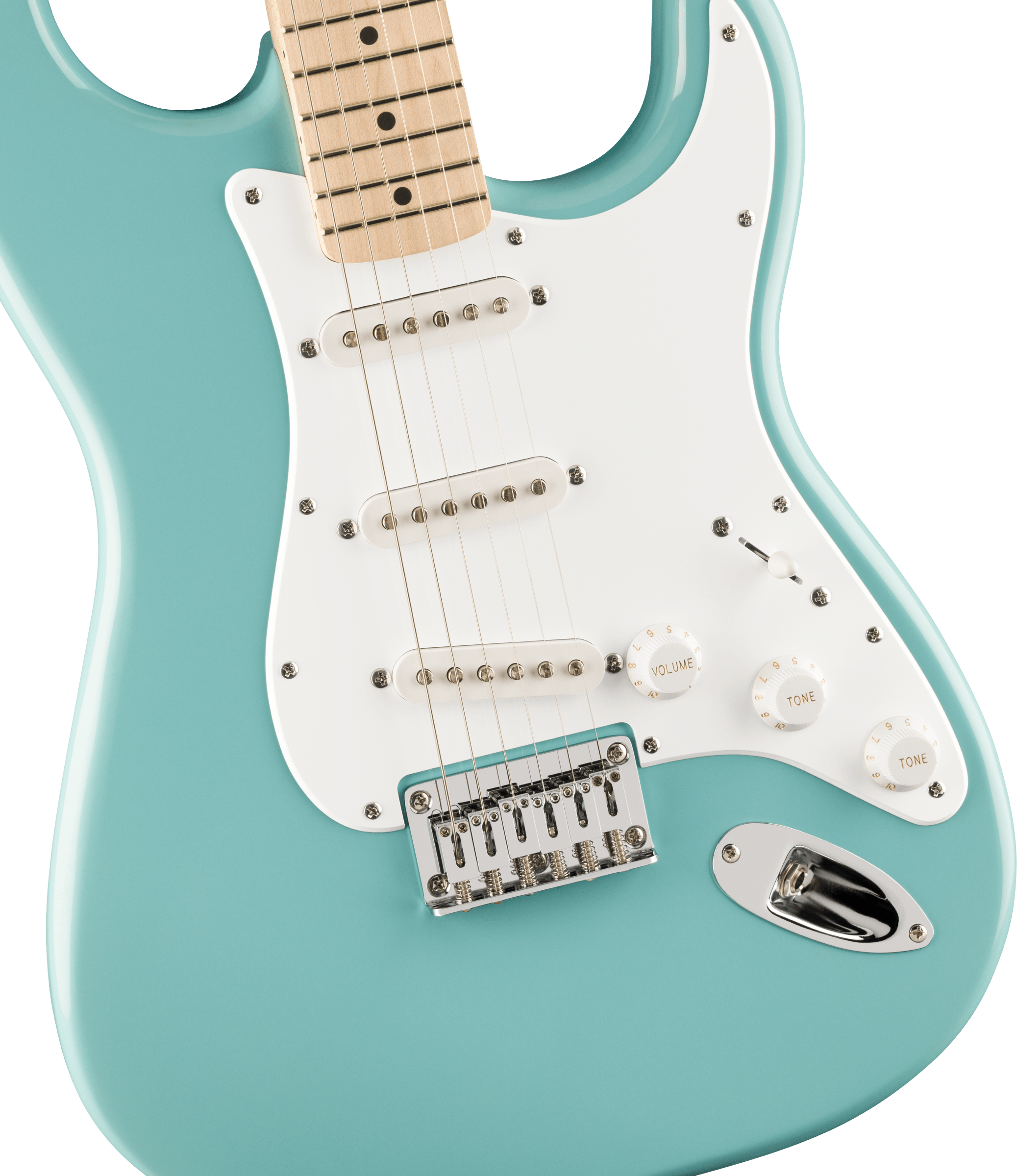 Light blue electric guitar body with a white pickguard, three single-coil pickups, three control knobs, and a chrome bridge and input jack.