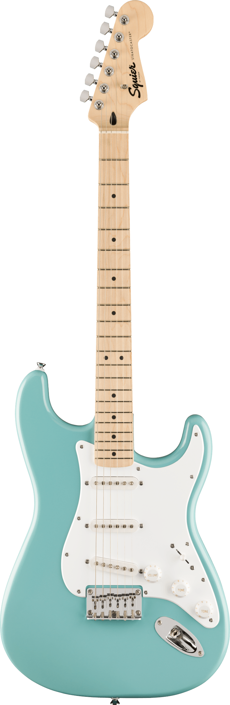 Seafoam green electric guitar with a white pickguard, maple neck, six tuning pegs, three single-coil pickups, and three control knobs.