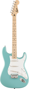 Seafoam green electric guitar with a white pickguard, maple neck, six tuning pegs, three single-coil pickups, and three control knobs.