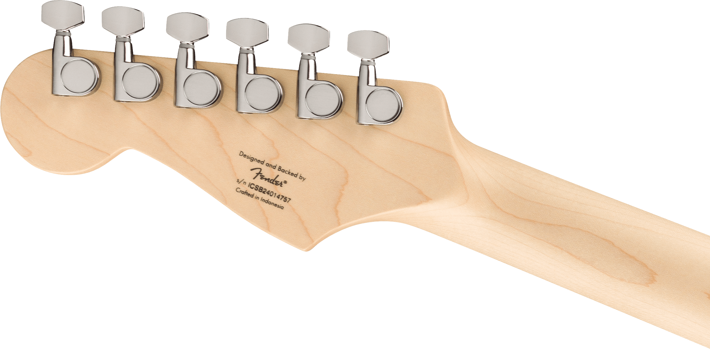 Six chrome tuning pegs line the light maple headstock of a Fender electric guitar, with serial and origin details printed on the back.