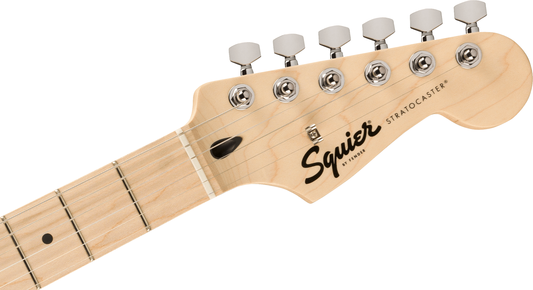 Light wood electric guitar headstock, six tuning pegs, "Squier by Fender Stratocaster" text, silver tuning hardware, maple fretboard visible.