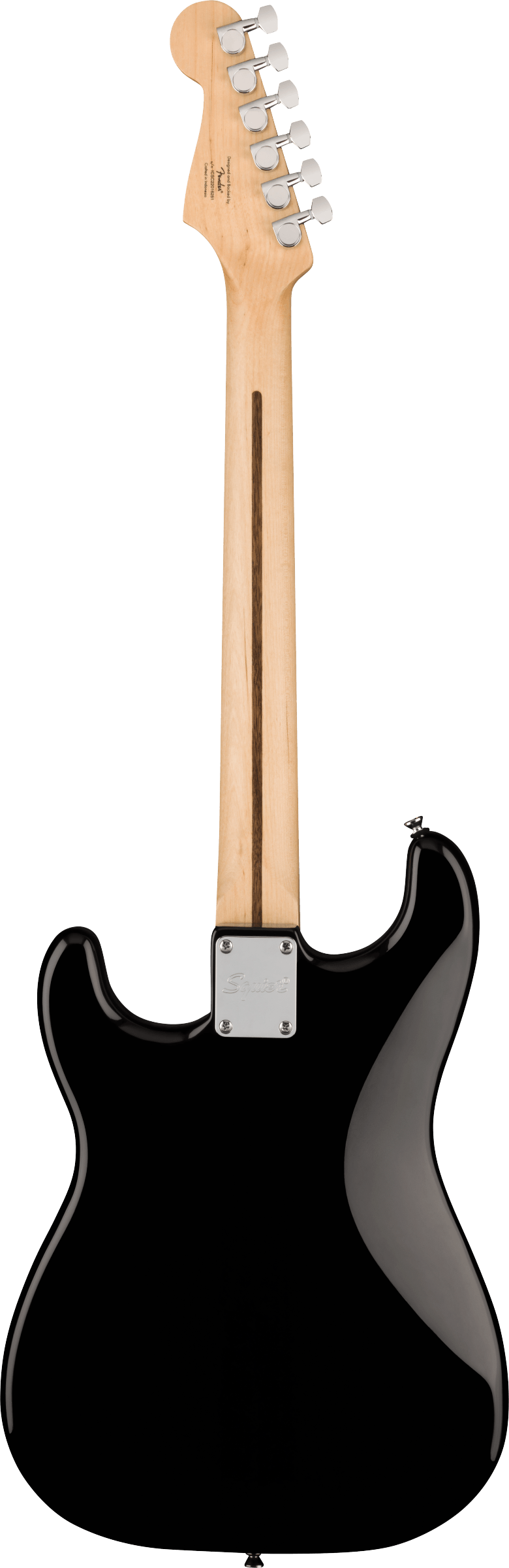 Black-bodied electric guitar shown from the back with a light wood neck, six tuning pegs, and a metal neck plate engraved with “Squier.”
