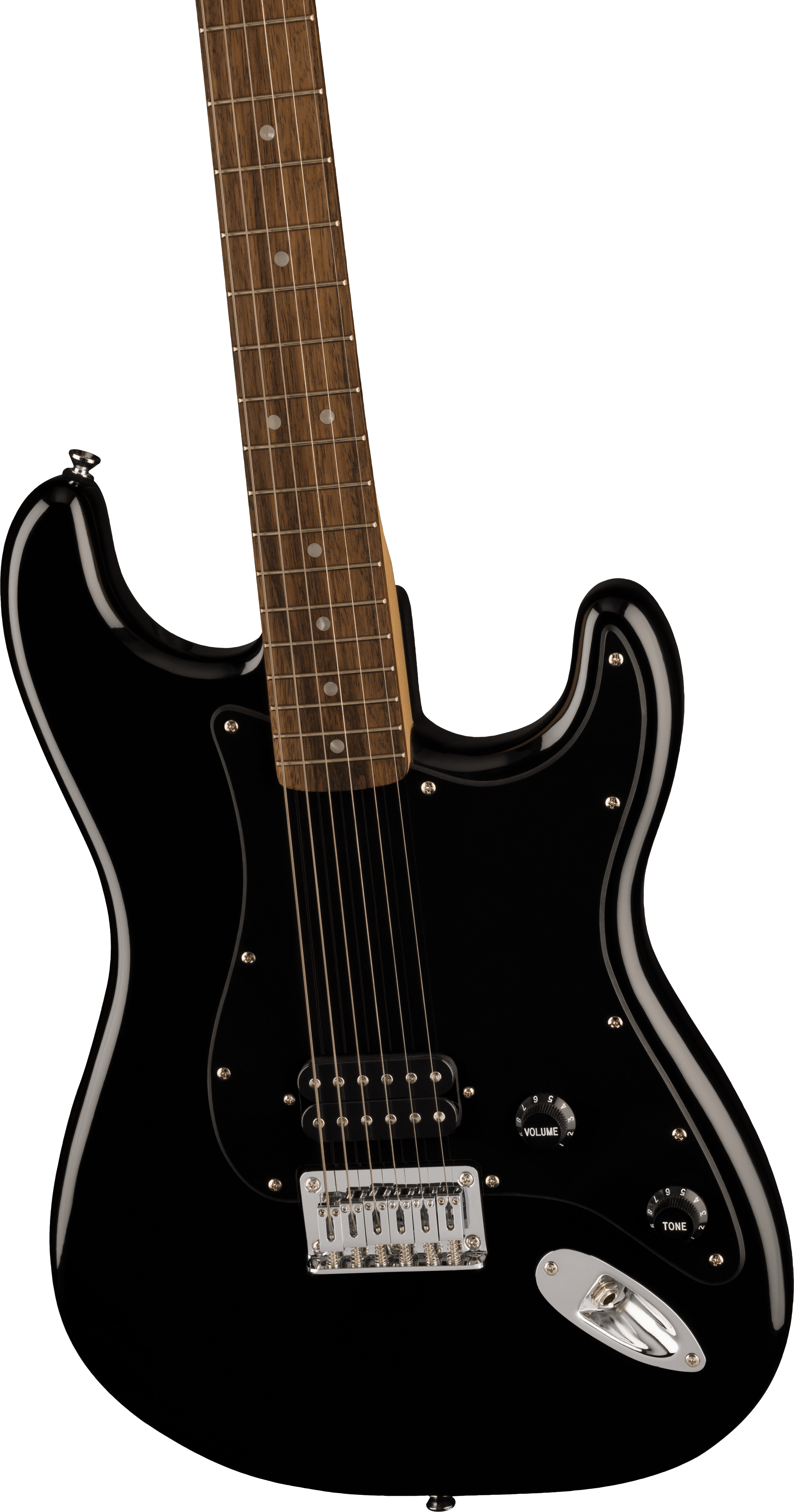 Black electric guitar with six strings, two control knobs labeled volume and tone, and a chrome bridge and input jack, featuring a wood fretboard.