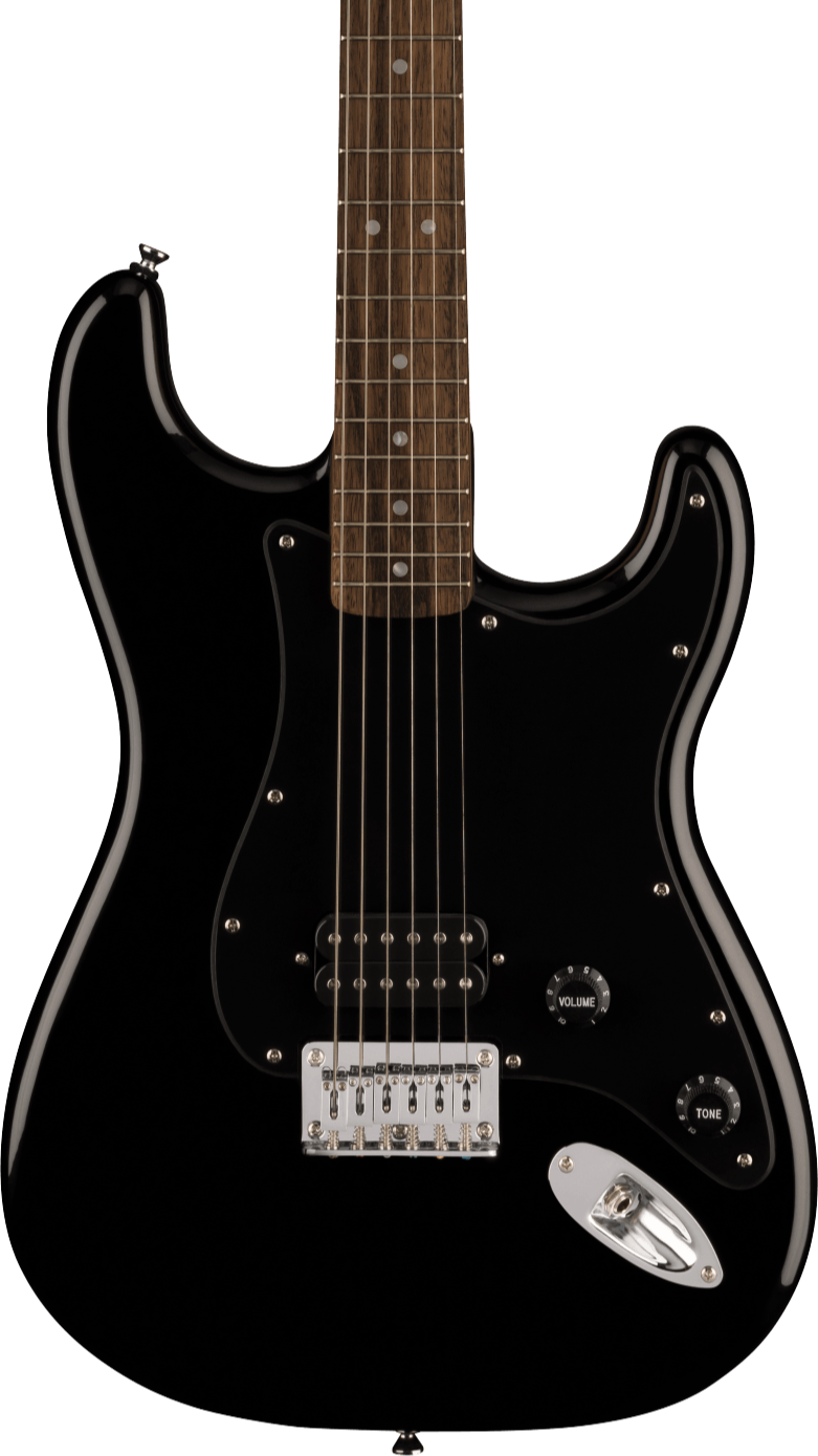 Glossy black electric guitar with a dark wood fretboard, one humbucker pickup, and chrome hardware plus volume and tone knobs.