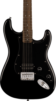 Glossy black electric guitar with a dark wood fretboard, one humbucker pickup, and chrome hardware plus volume and tone knobs.