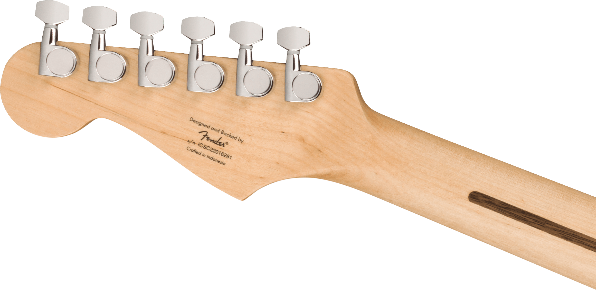 Light wood electric guitar headstock with six chrome tuning pegs, "Fender" brand text, and serial number printed on the back.