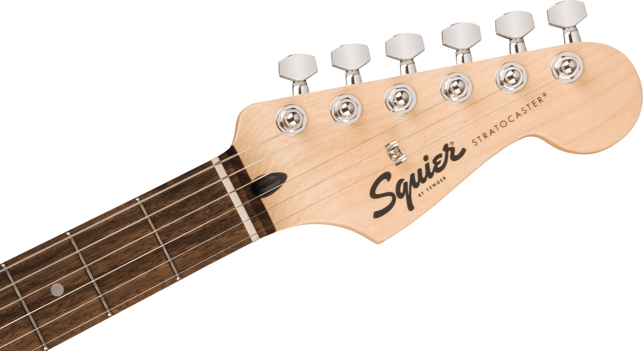 Light wood Squier Stratocaster electric guitar headstock with six chrome tuning pegs and dark rosewood fretboard.