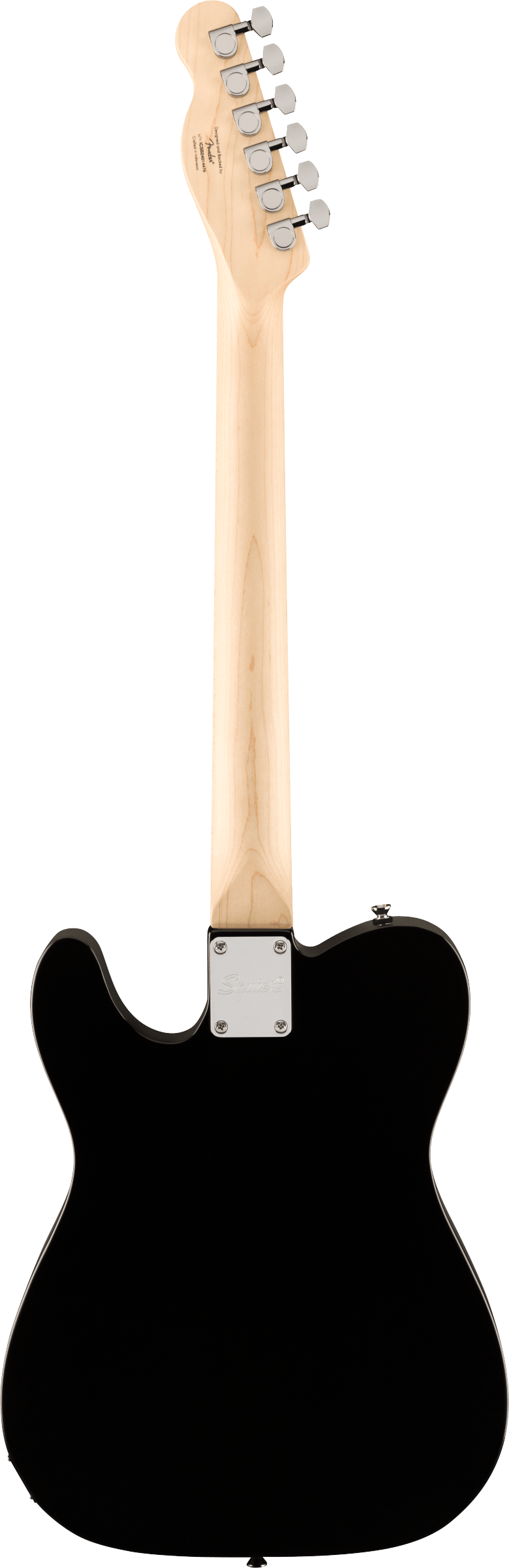 Black-bodied electric guitar shown from the back, with a light wood neck, six metal tuning pegs, and a metal neck plate engraved with "Squier".