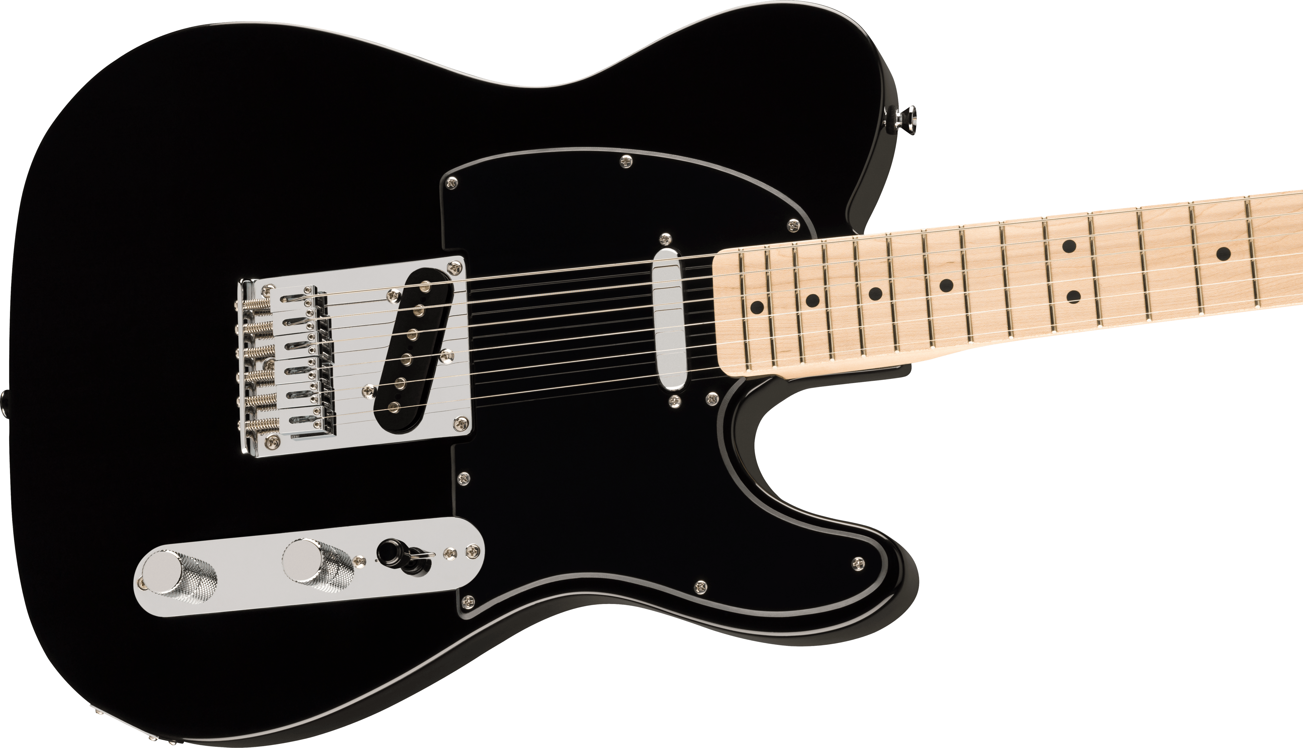 Black electric guitar with chrome hardware, two pickups, a control plate with two knobs and a switch, and a light maple neck with dot inlays.