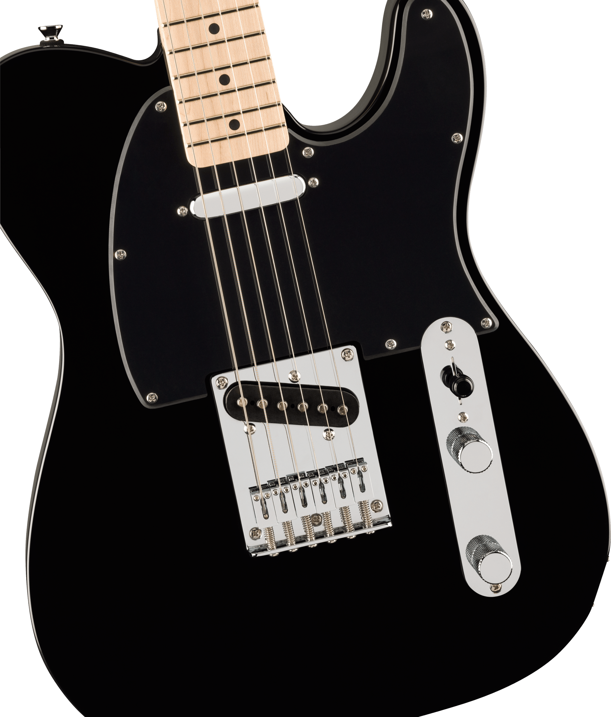 Black electric guitar with a maple neck, chrome bridge, two control knobs, and two single-coil pickups.
