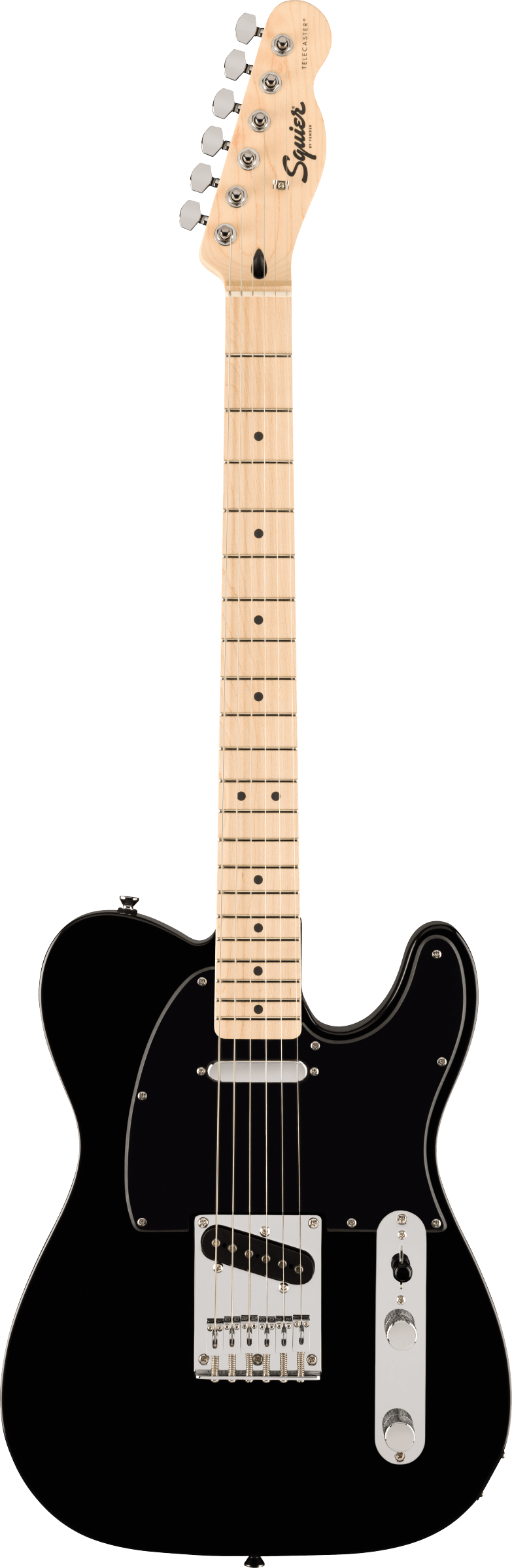 Black Squier Telecaster electric guitar with a light wood neck, 21 frets, two pickups, two control knobs, and a pickup switch.