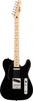 Black Squier Telecaster electric guitar with a light wood neck, 21 frets, two pickups, two control knobs, and a pickup switch.