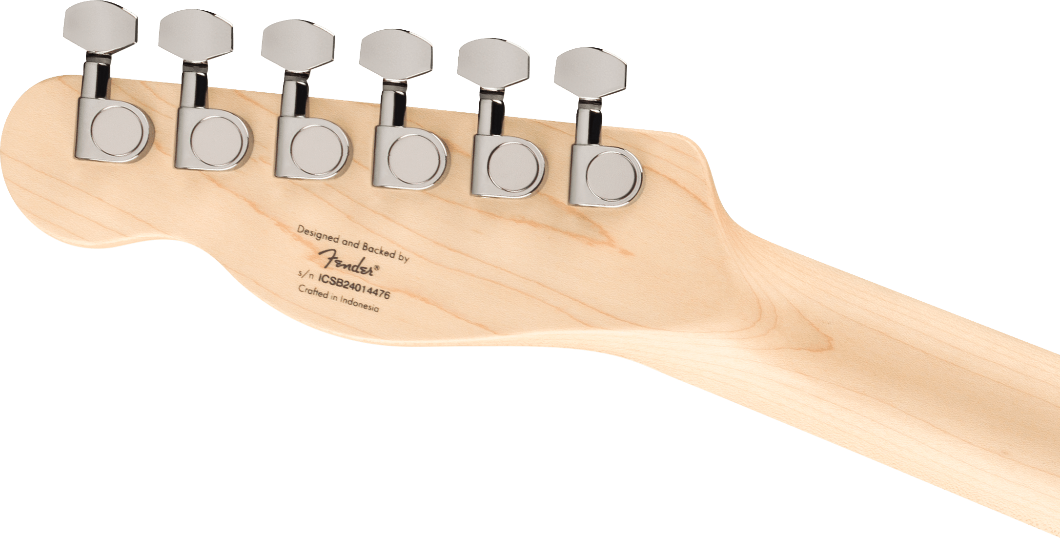 Six chrome tuning pegs on the light wood headstock of a Fender electric guitar, with product details and serial number printed on the back.