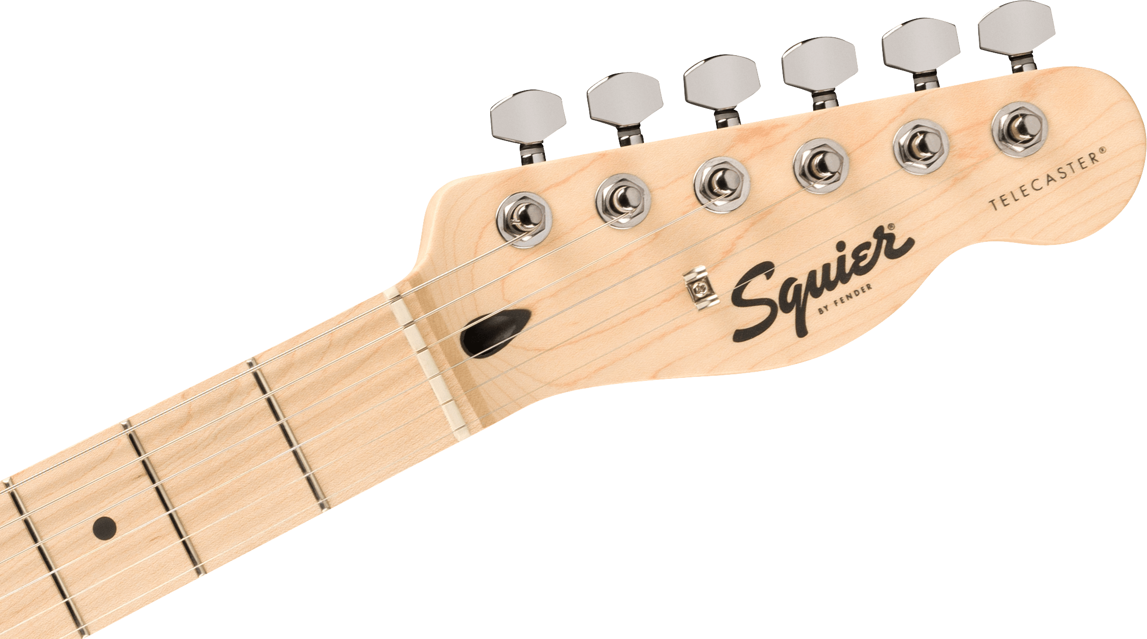 Light wood electric guitar headstock with six chrome tuning pegs, “Squier by Fender” and “Telecaster” printed on the front.