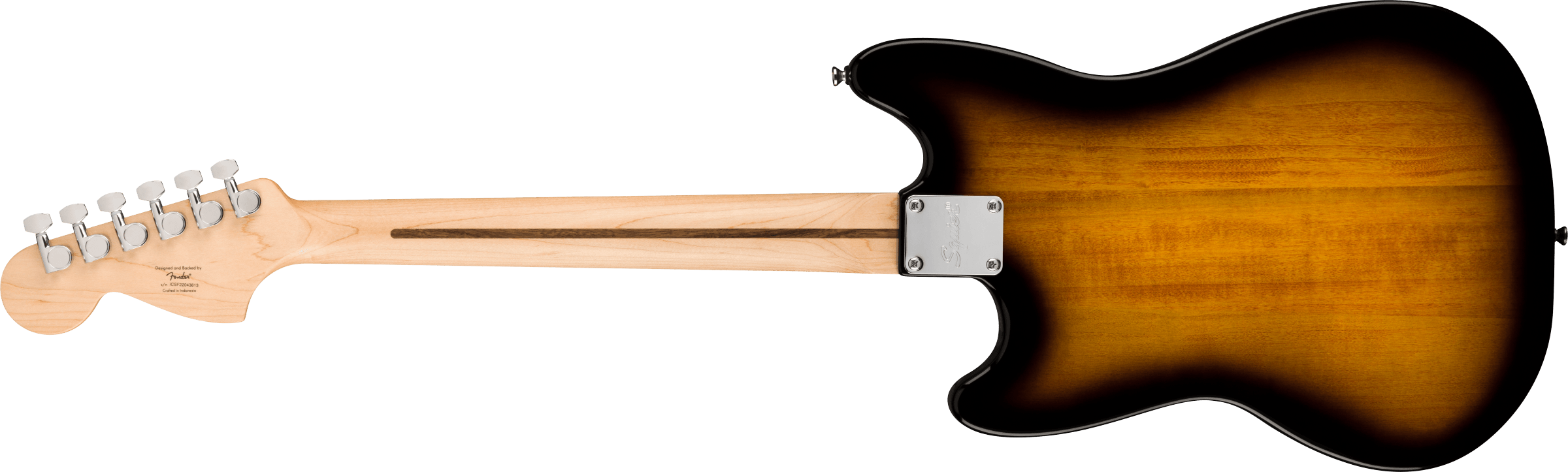 The back of an electric guitar with a sunburst wood finish, light maple neck, and six chrome tuning pegs on the headstock.