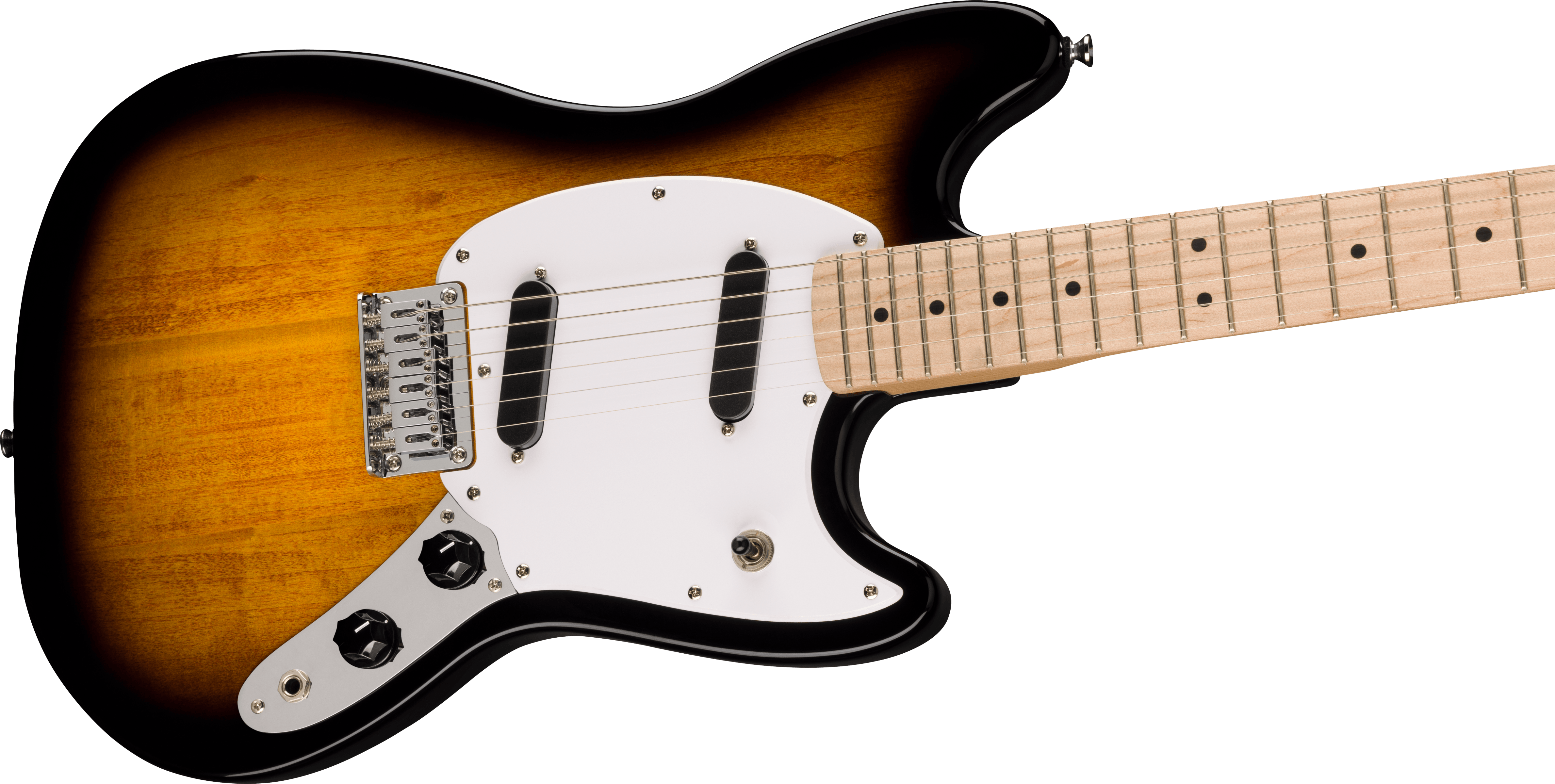 Sunburst electric guitar with a white pickguard, two black single-coil pickups, six strings, two black control knobs, and a light maple neck.