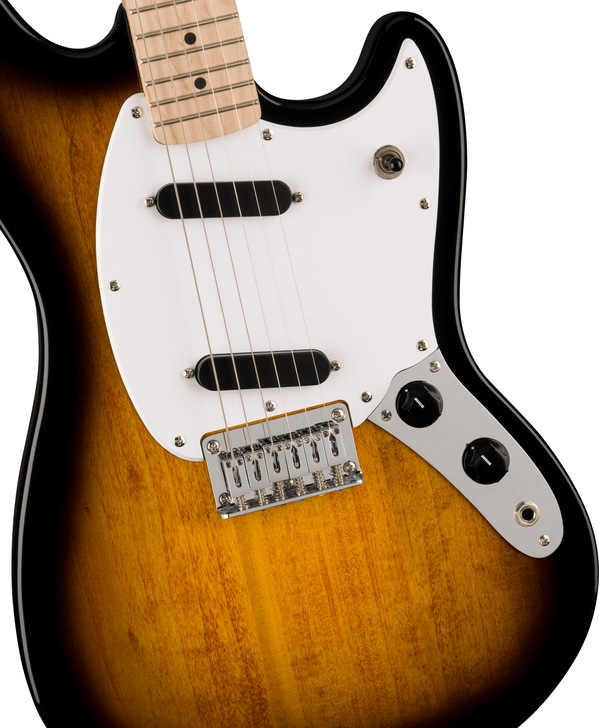 Sunburst electric guitar with white pickguard, two black single-coil pickups, two black knobs, and chrome bridge hardware.